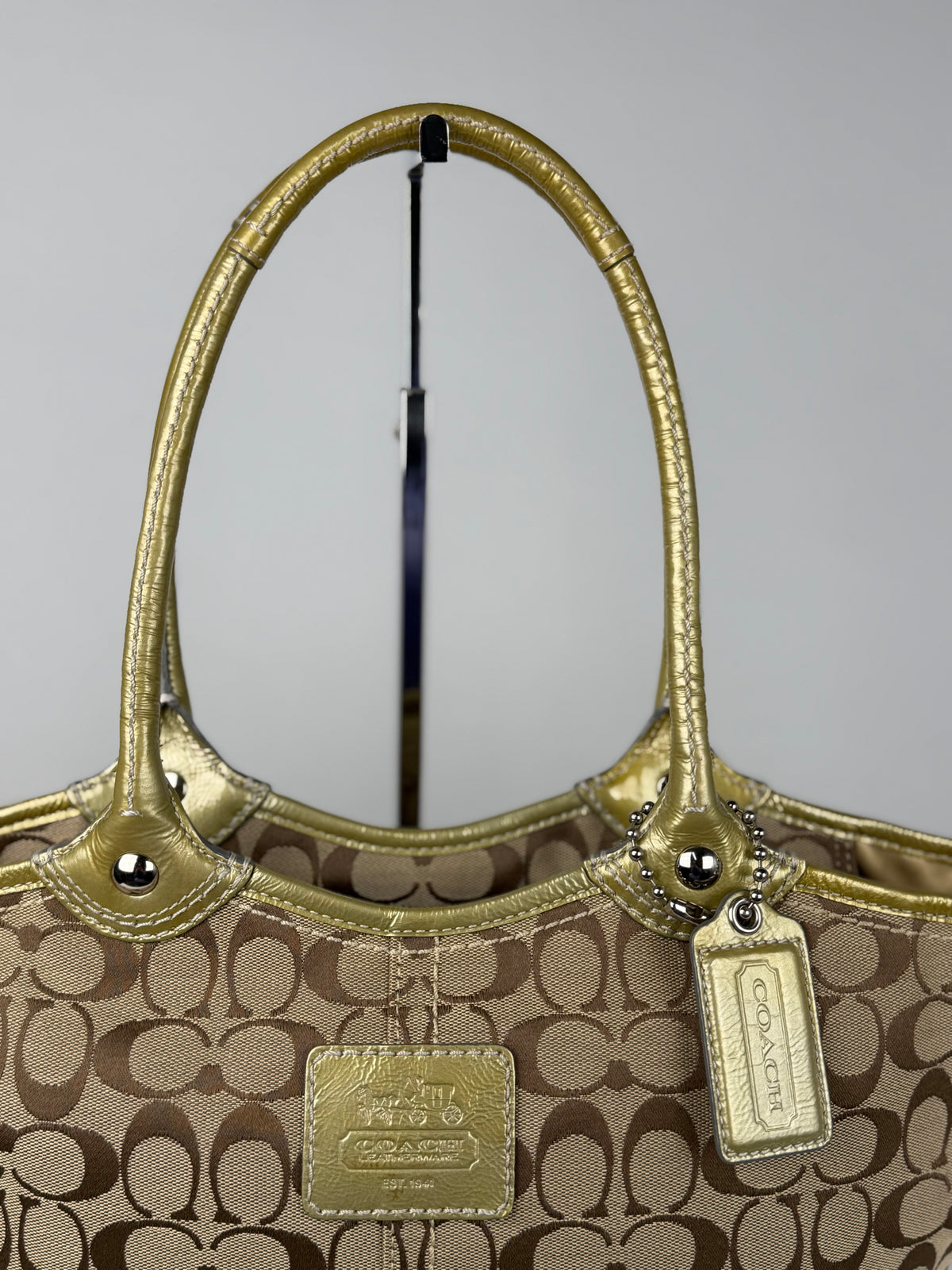 Coach F12564 Bleecker Signature Brown Monogram Shoulder Bag Gold Leather Trim