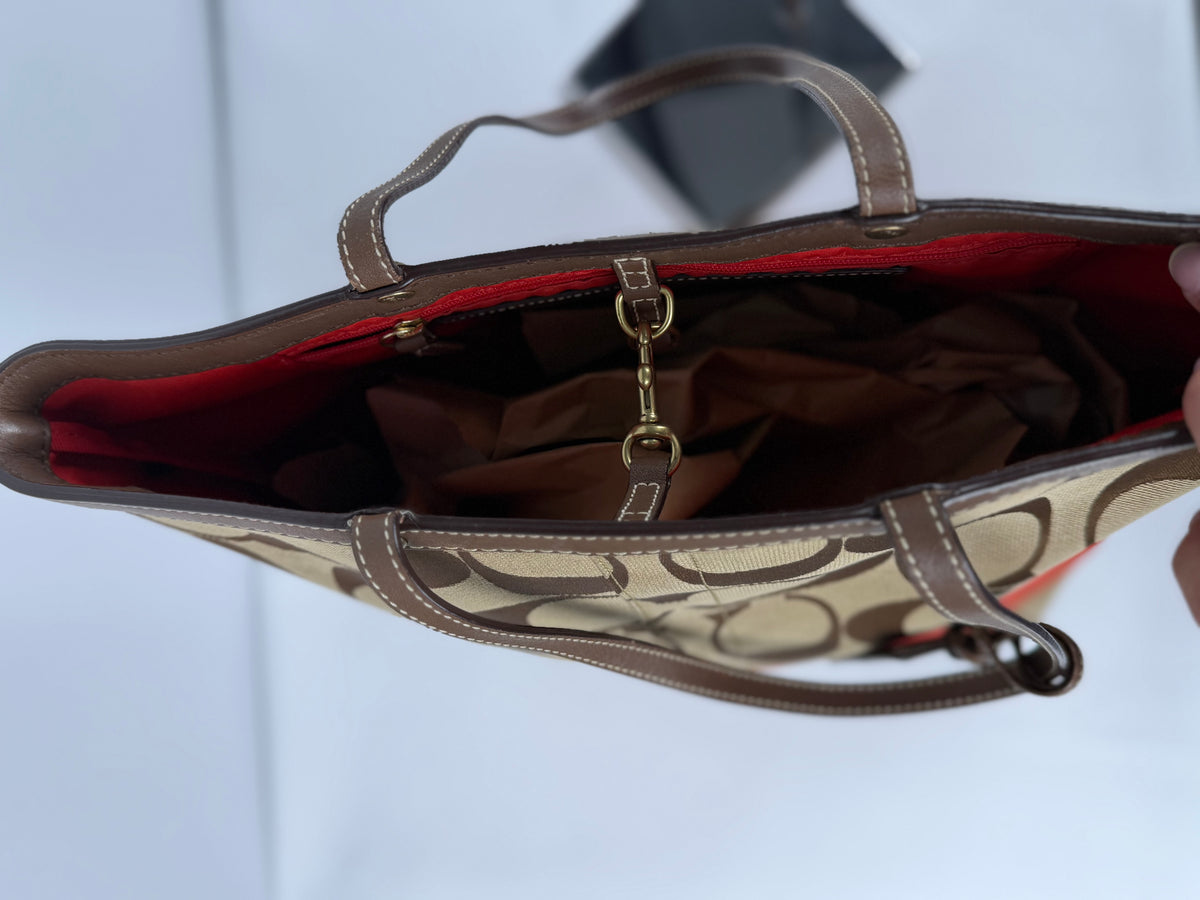Coach 862P Signature Brown and Red Monogram Tote Shoulder Bag Leather Trim
