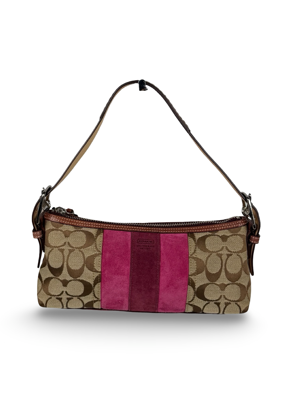 Coach 7039 Signature Brown Monogram Pink Suede Striped Detail Baguette Shoulder Bag