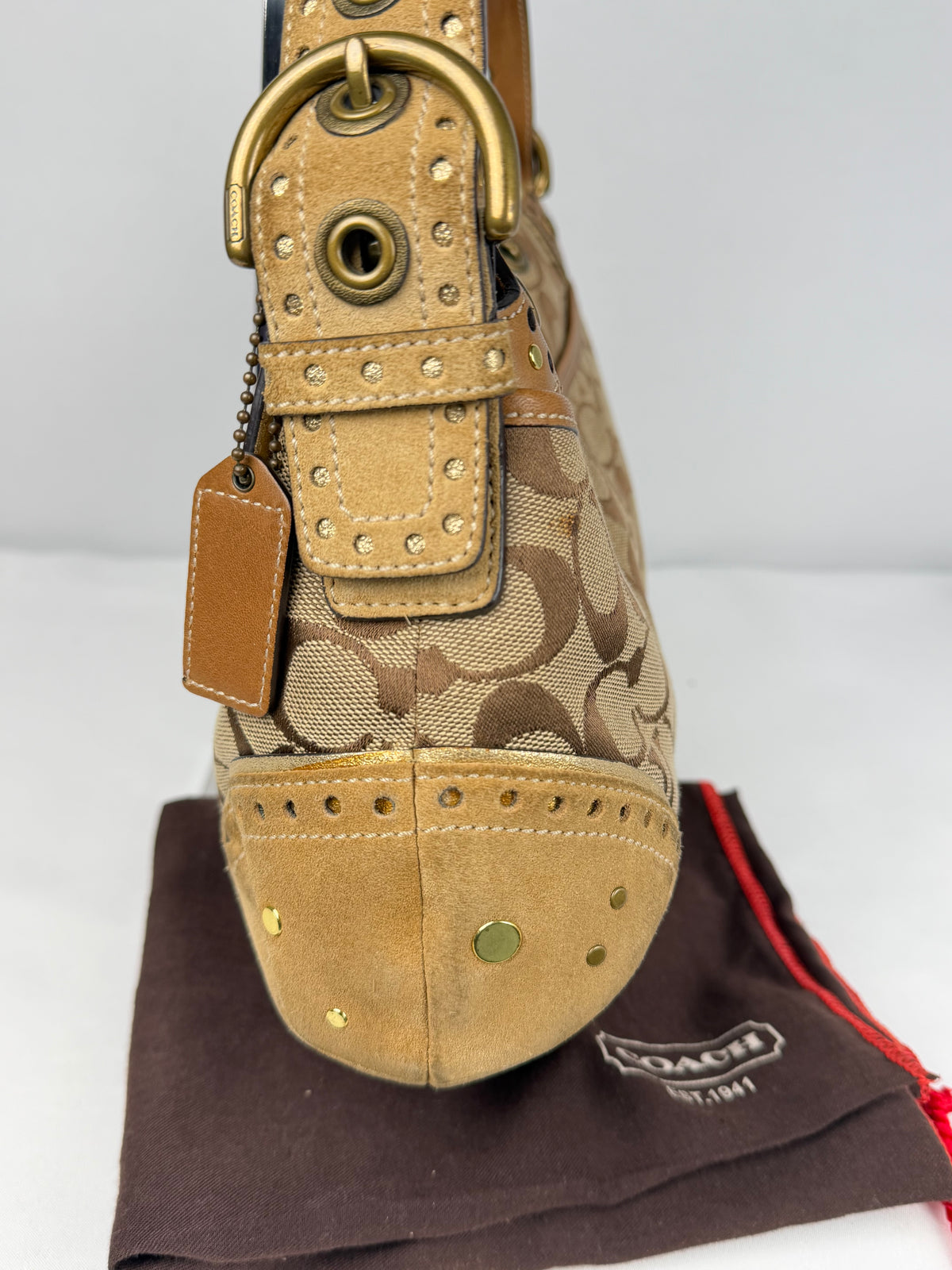 RARE Coach 9451 Soho Signature Brown Shoulder Bag Studded Embellishments Suede Leather Trim