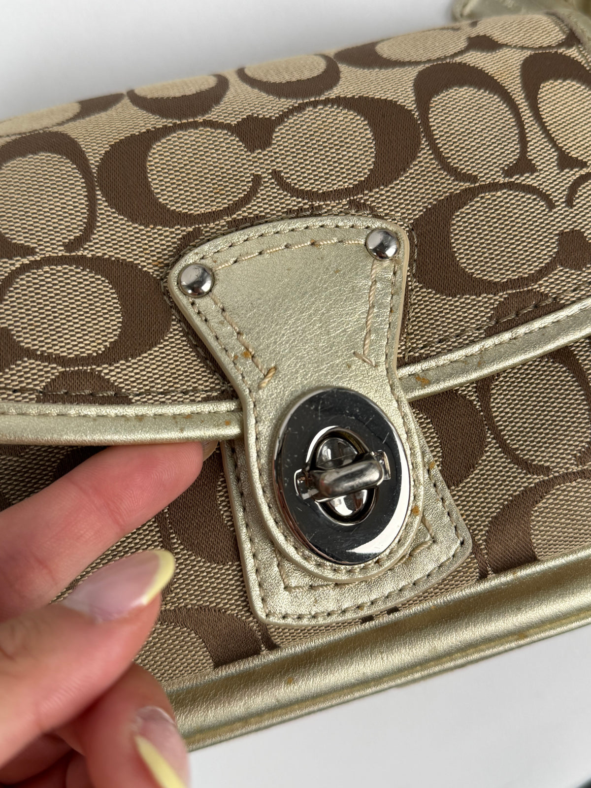 Coach F14282 Signature Turnlock Brown Shoulder Bag Gold Leather Trim