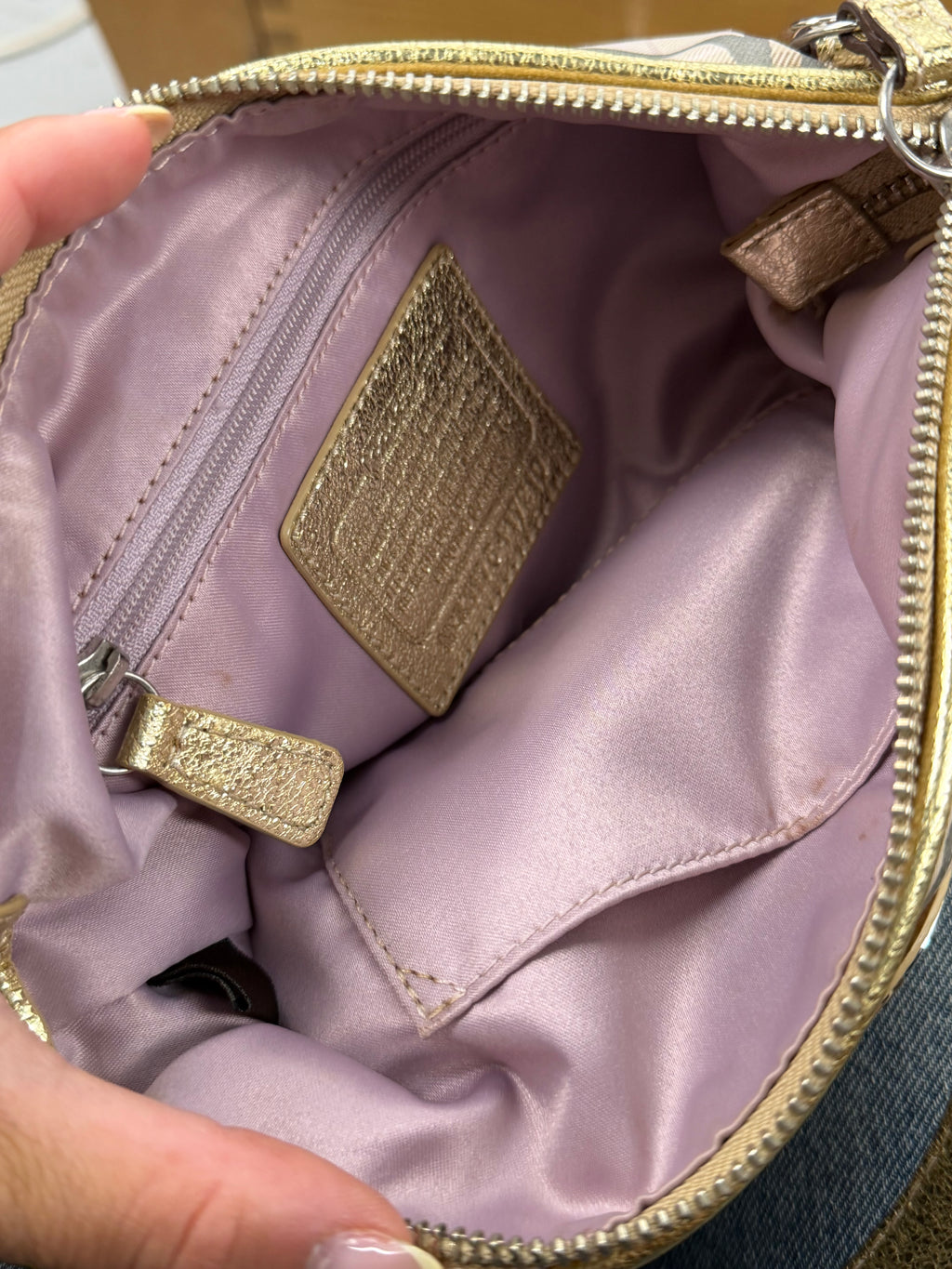 Coach F17210 Signature Purple/Beige Check Pattern Shoulder Bag Gold Leather Trim