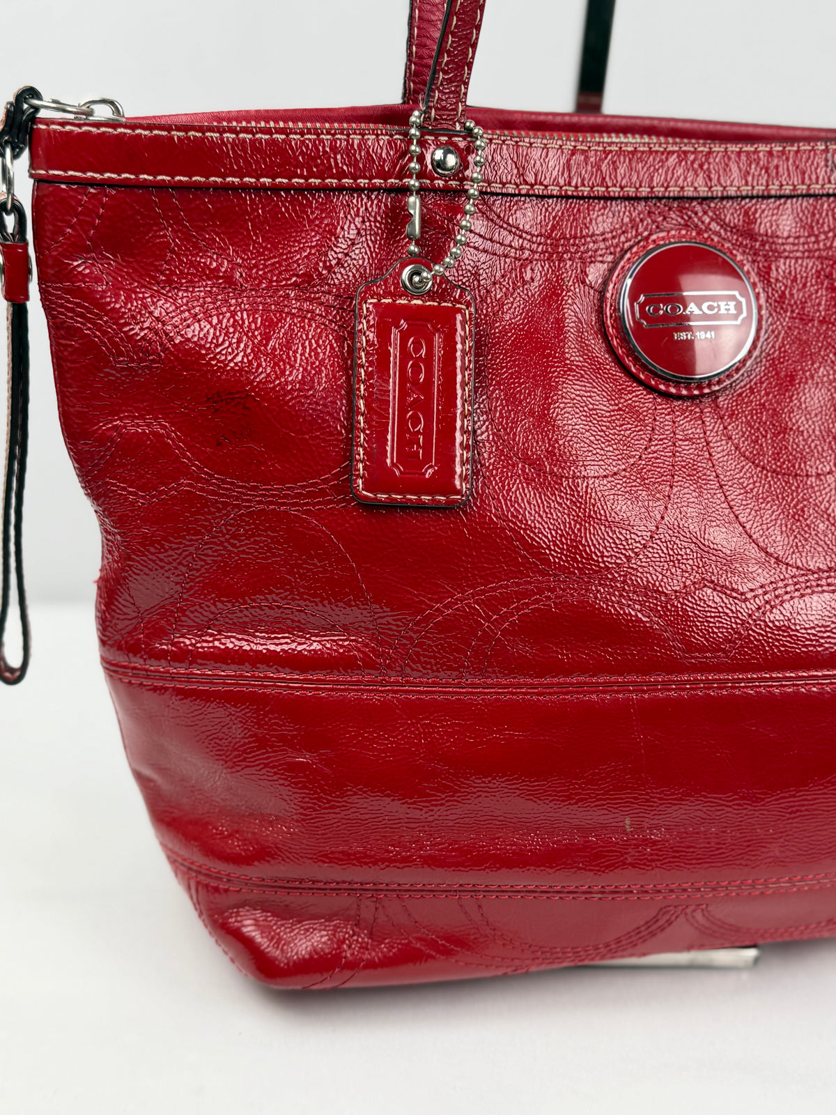 Coach F15142 Red Patent Leather Signature Shoulder Bag