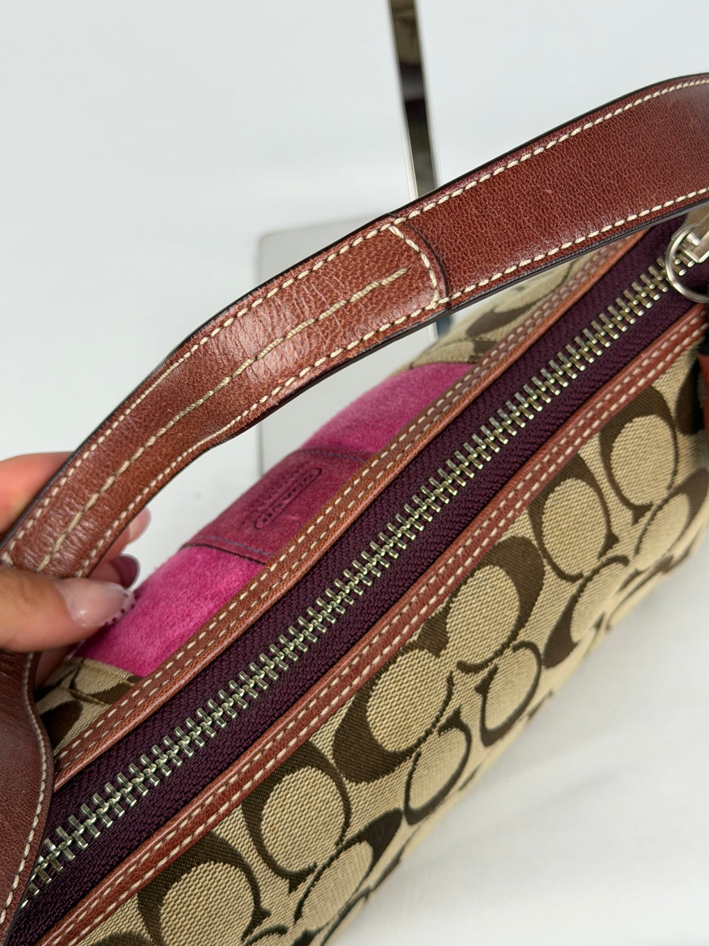 Coach 7039 Signature Brown Monogram Pink Suede Striped Detail Baguette Shoulder Bag