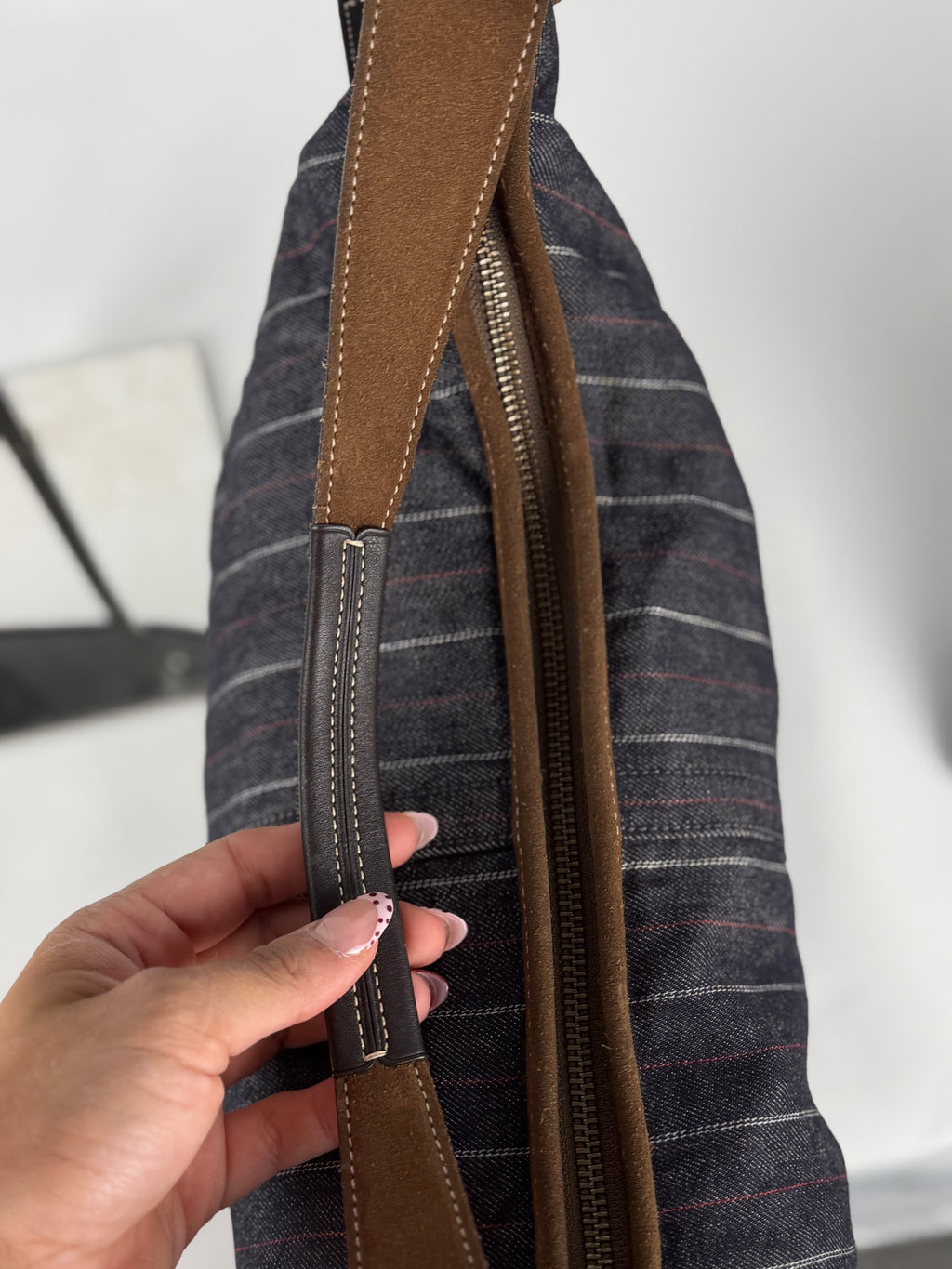 Coach 9527 Hobo Denim Pinistripe Shoulder Bag Brown Suede Leather Trim