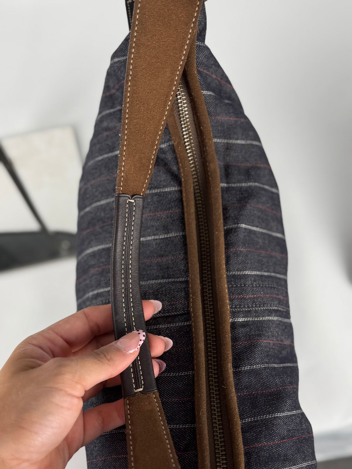 Coach 9527 Hobo Denim Pinistripe Shoulder Bag Brown Suede Leather Trim
