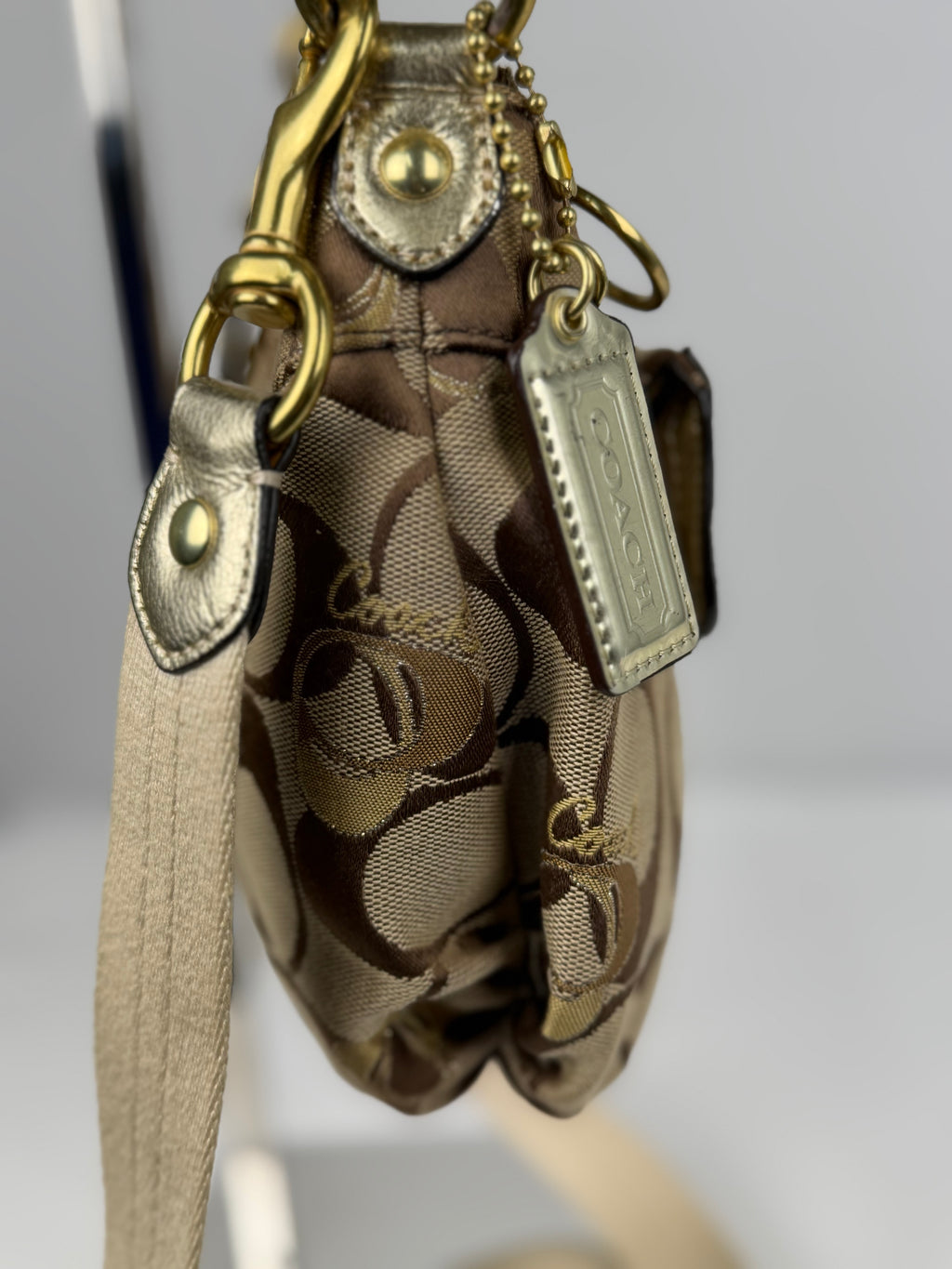 Coach F18756 Signature Brown Turnlock Shoulder Bag Leather Trim