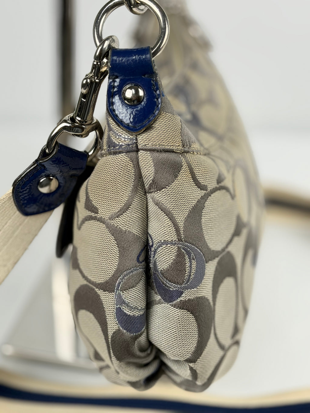 Coach F18756 Poppy Beige Monogram Blue Leather Trim Shoulder Bag