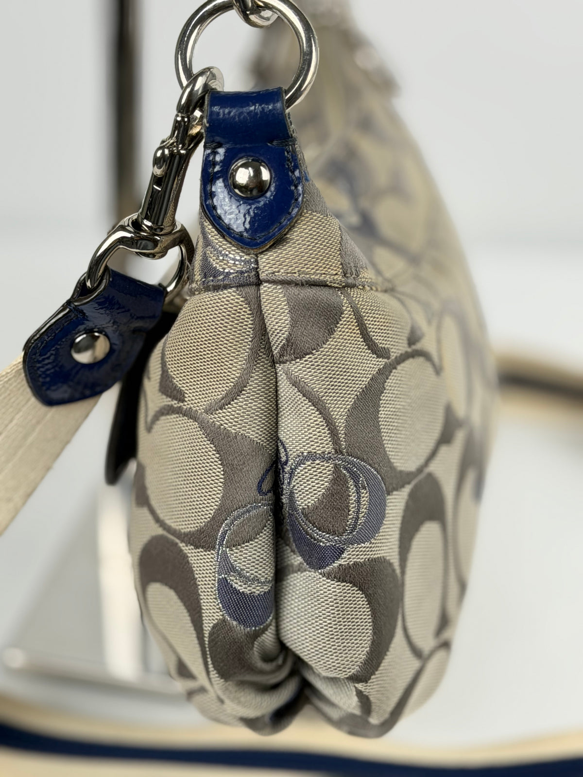 Coach F18756 Poppy Beige Monogram Blue Leather Trim Shoulder Bag