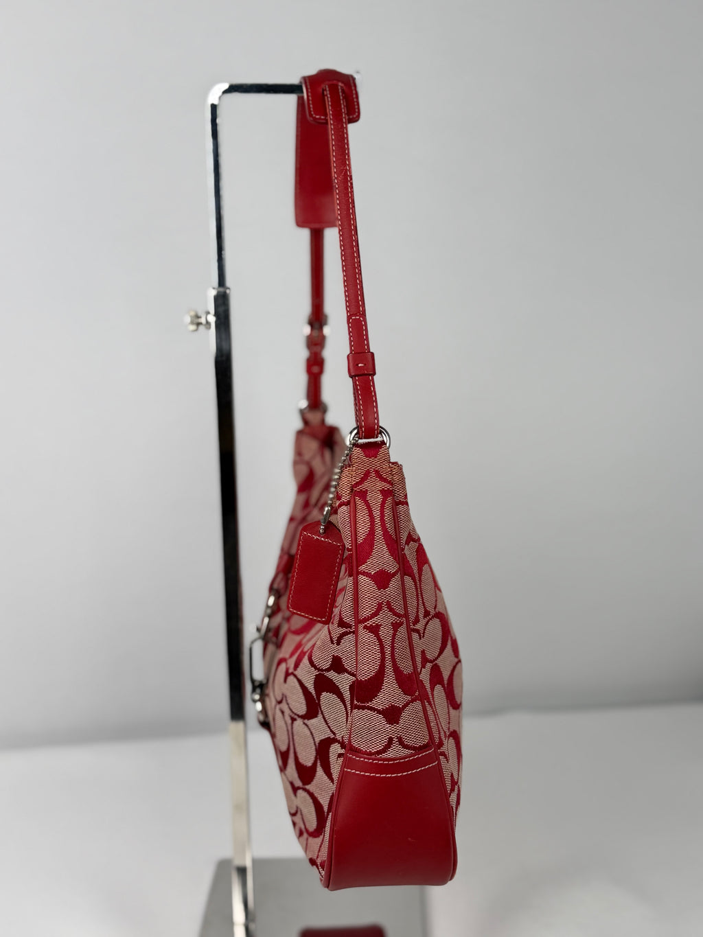 Coach 6091 Hampton Clip Red Signature Monogram Shoulder Bag Leather Trim