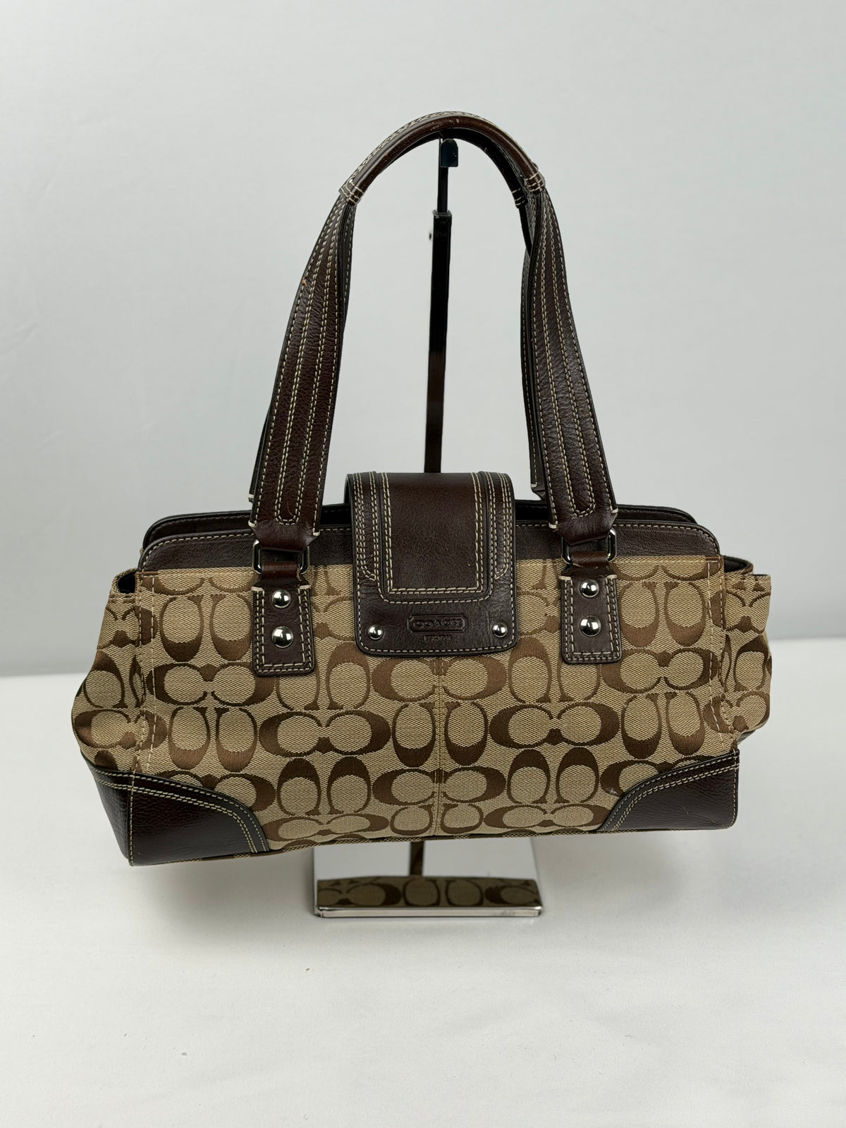 Coach F13975 Hampton Turnlock Flap Signature Brown Monogram Shoulder Bag Leather Trim