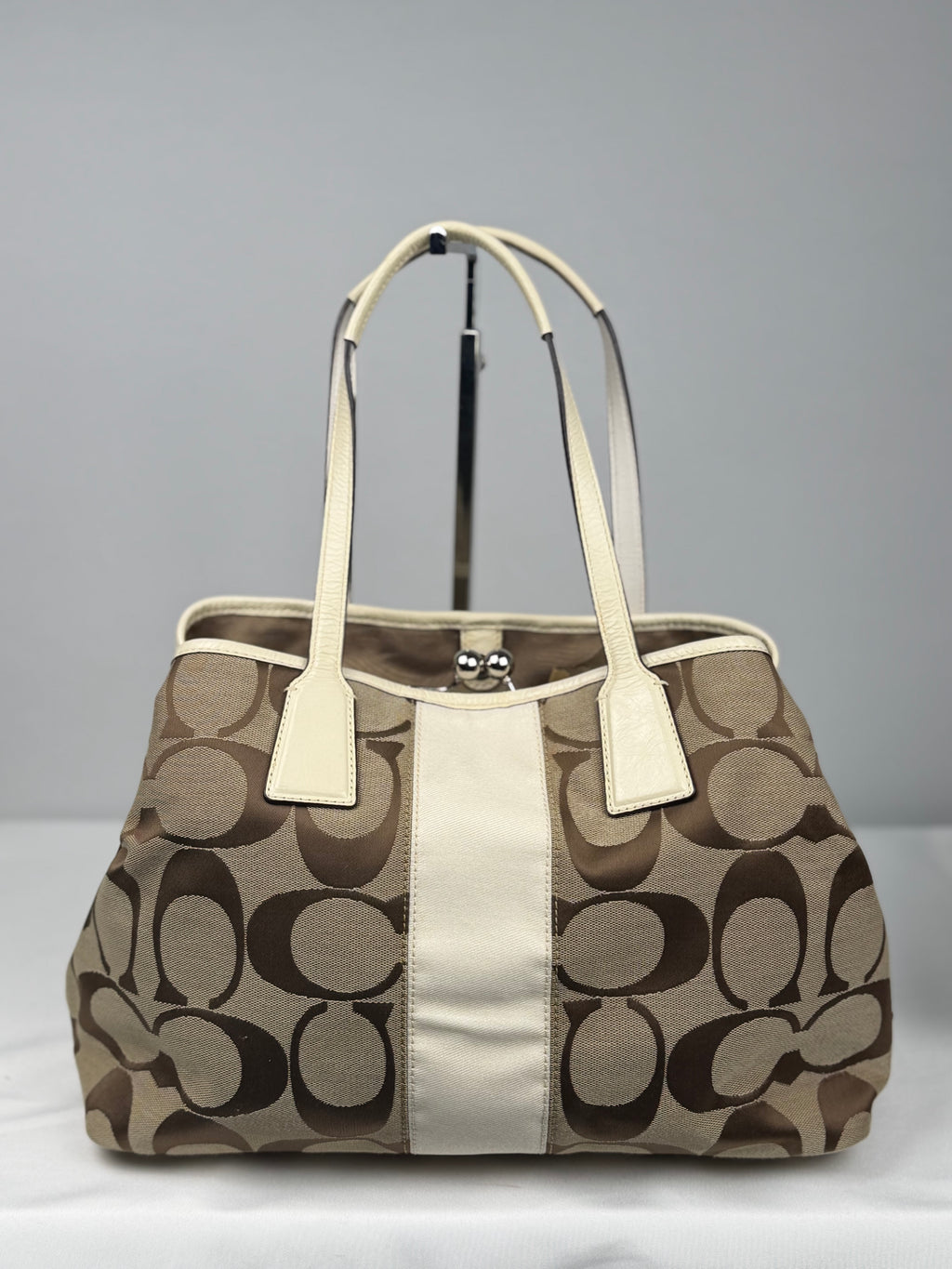 Coach F13533 Signature Brown Monogram Kisslock Shoulder Bag Cream Leather Trim