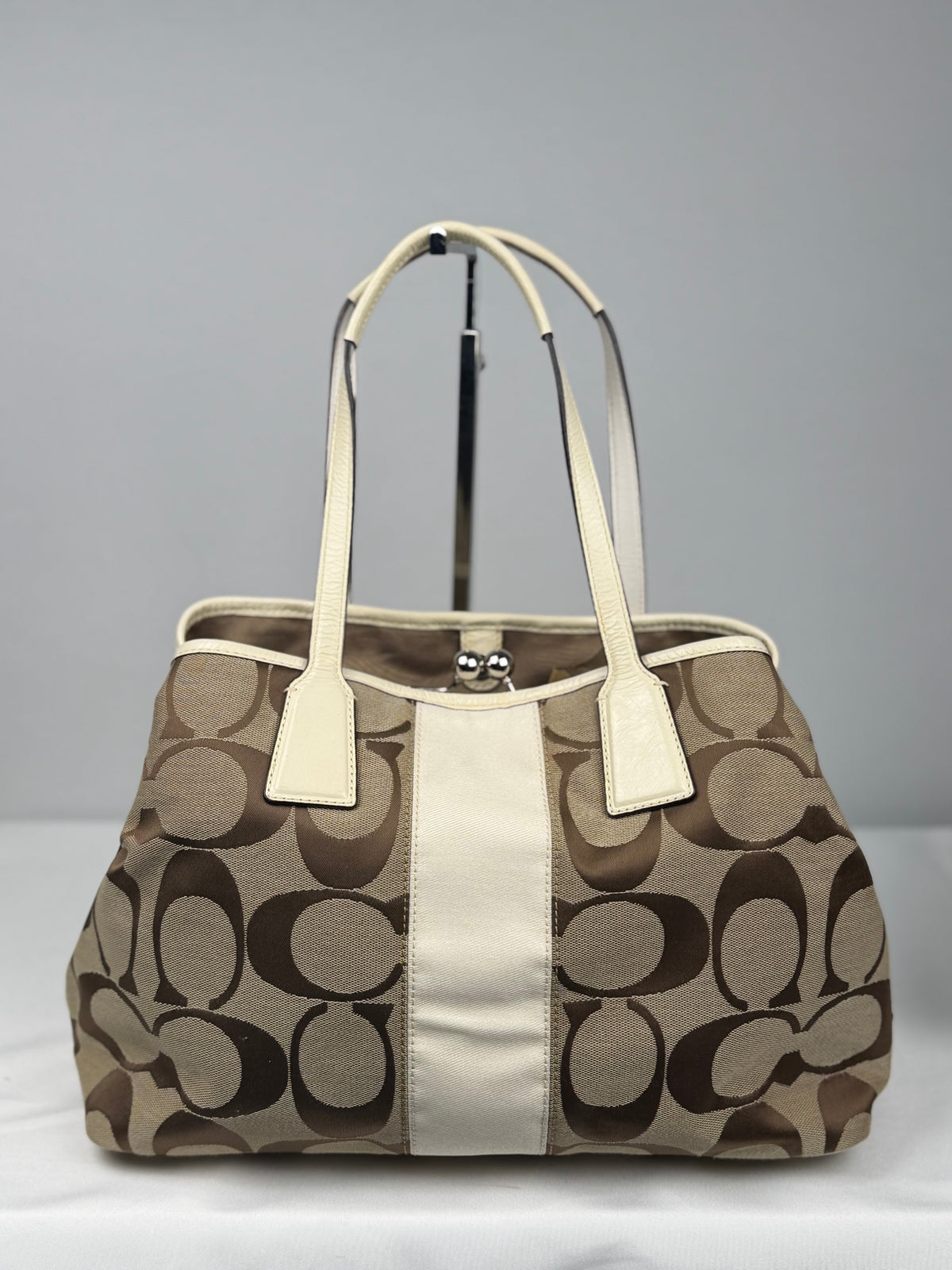Coach F13533 Signature Brown Monogram Kisslock Shoulder Bag Cream Leather Trim