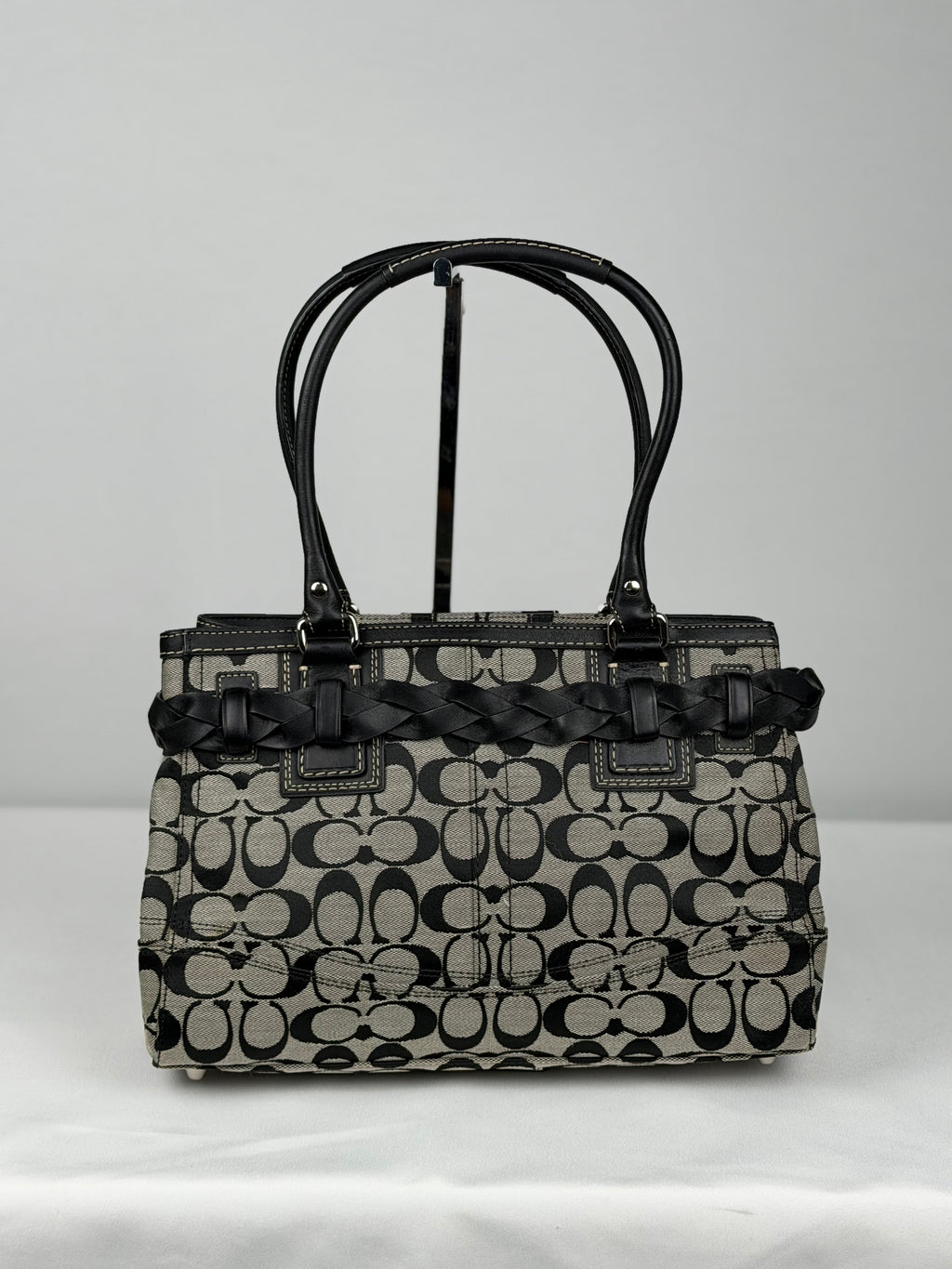 Coach F13065 Hampton Clip Signature Grey/Black Monogram Shoulder Bag Leather Trim