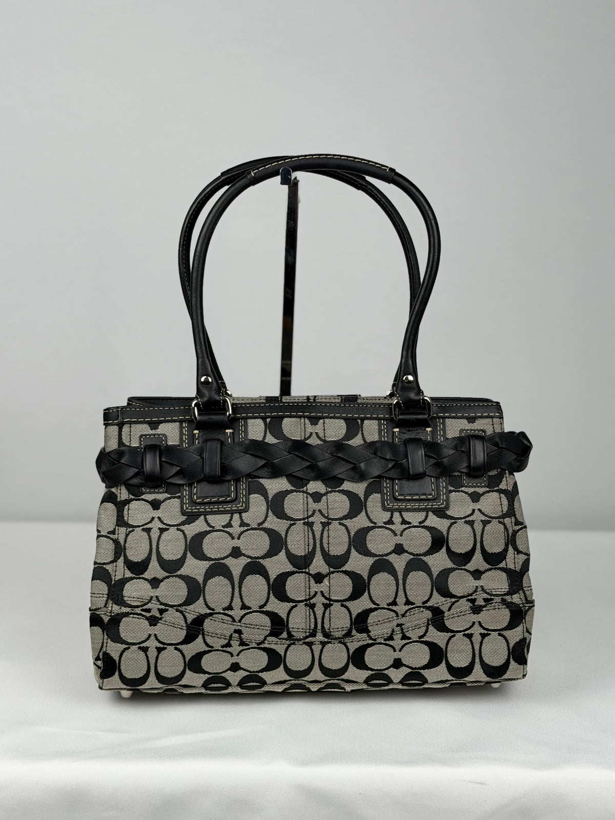 Coach F13065 Hampton Clip Signature Grey/Black Monogram Shoulder Bag Leather Trim