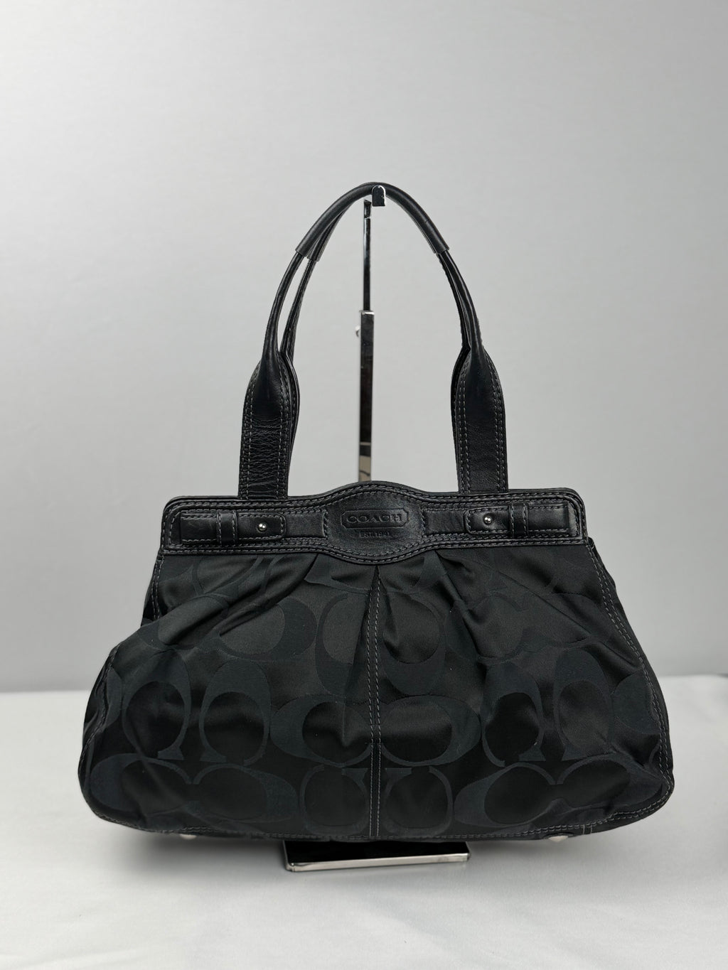 Coach F13906 Signature Black Monogram Satchel Turnlock Shoulder Bag Leather Trim