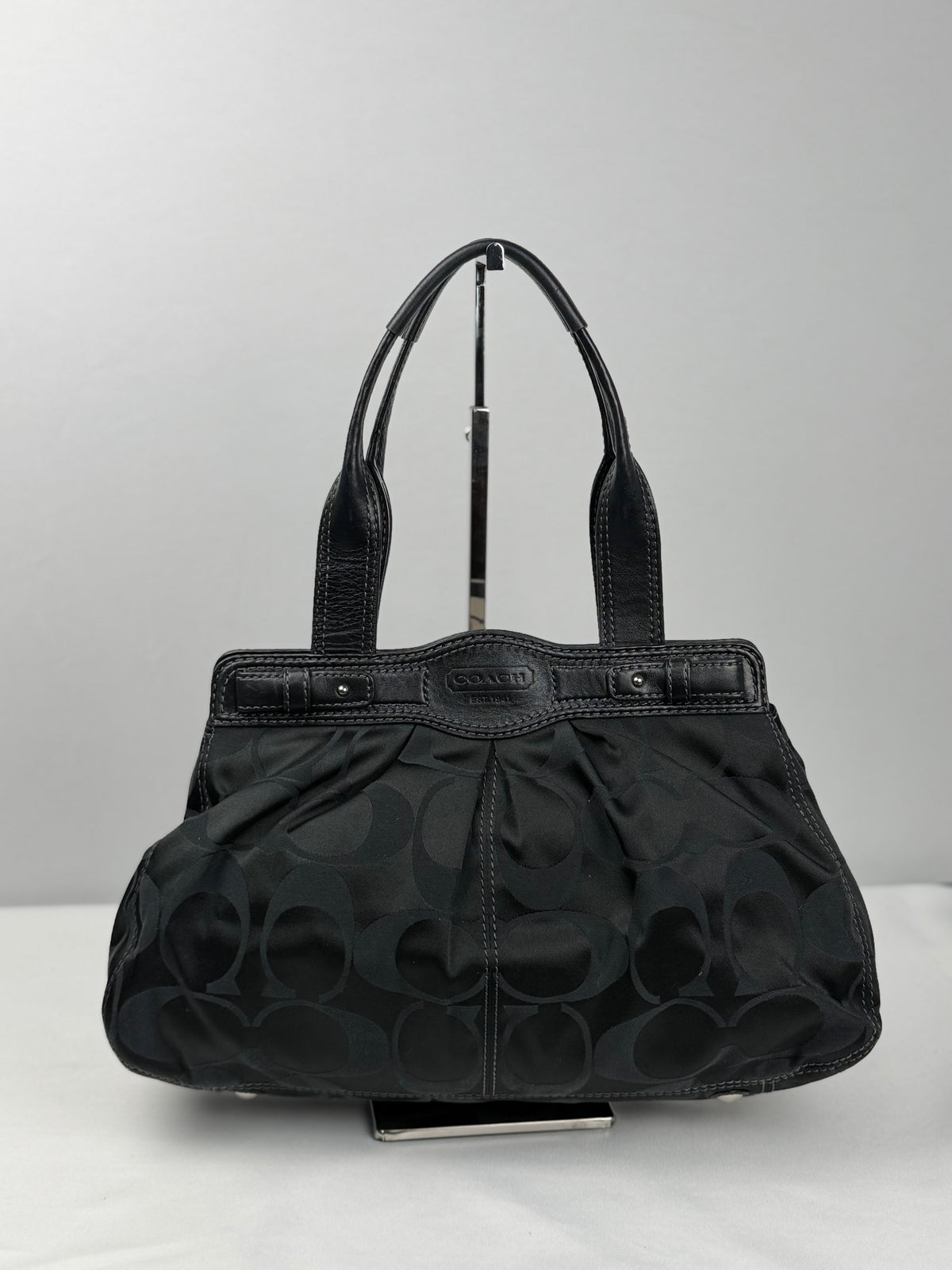 Coach F13906 Signature Black Monogram Satchel Turnlock Shoulder Bag Leather Trim