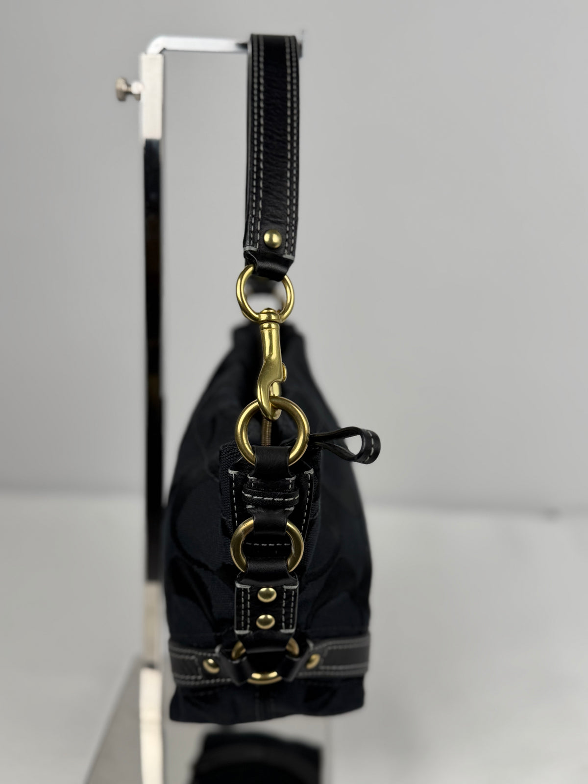 Coach 40347 Carly Mini Signature Black Shoulder Bag Leather Trim