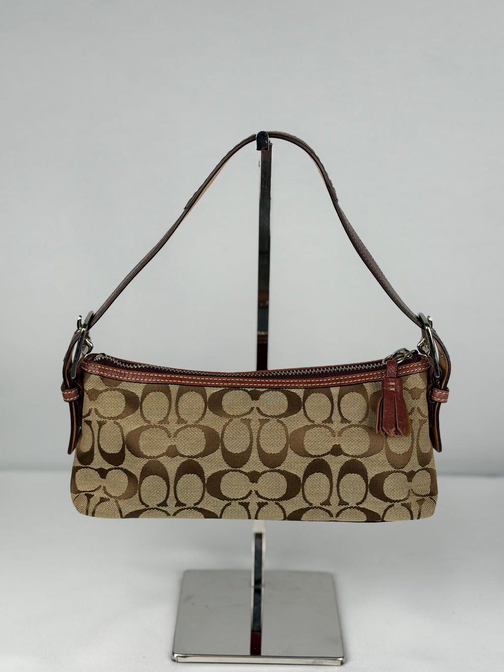 Coach 7039 Signature Brown Monogram Pink Suede Striped Detail Baguette Shoulder Bag