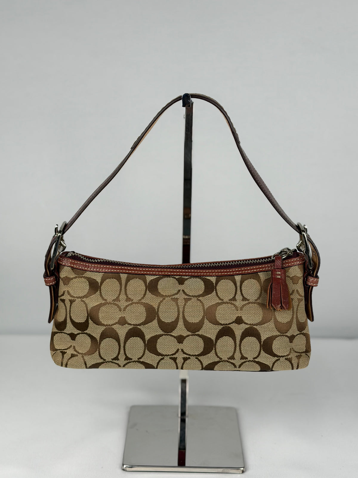Coach 7039 Signature Brown Monogram Pink Suede Striped Detail Baguette Shoulder Bag