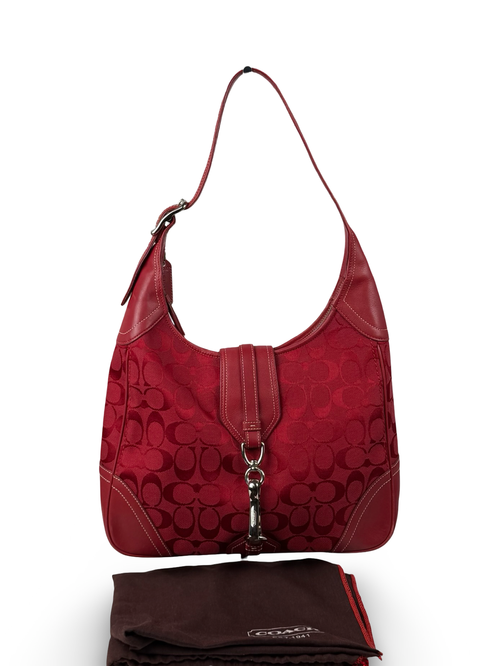 Rare Coach 8K03 Hampton Clip Red Monogram Shoulder Bag Leather Trim