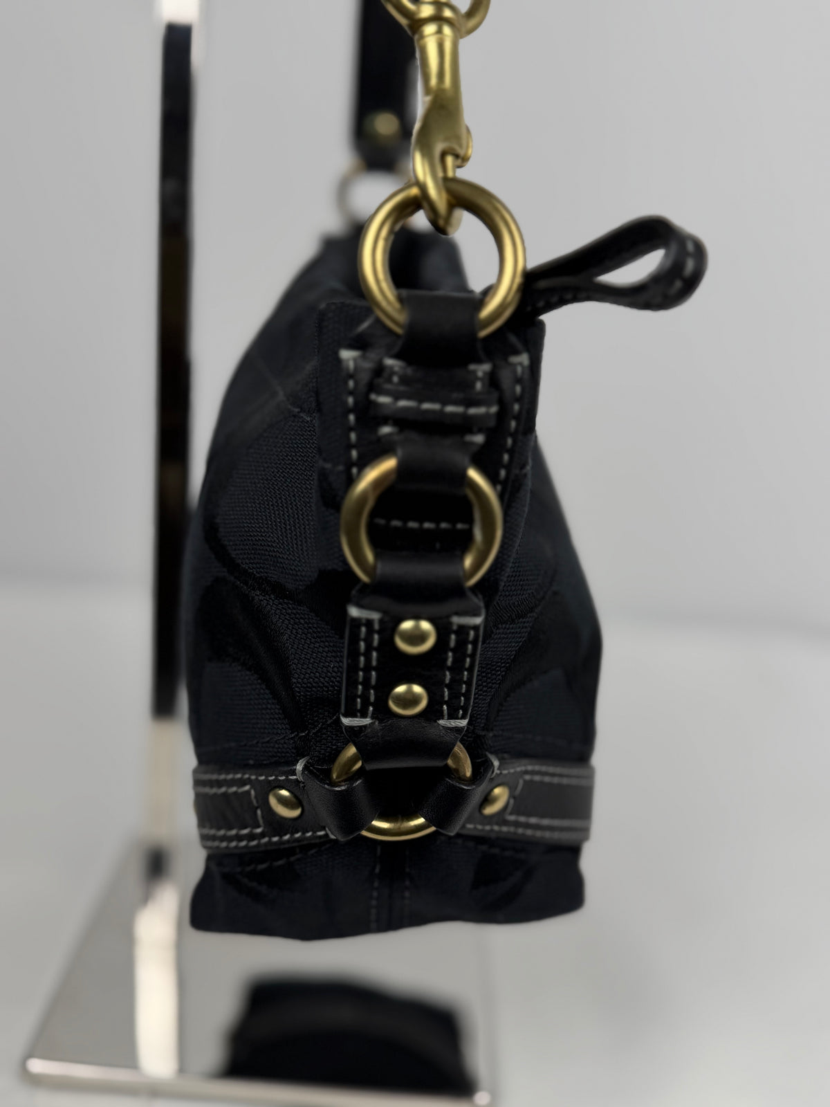 Coach 40347 Carly Mini Signature Black Shoulder Bag Leather Trim