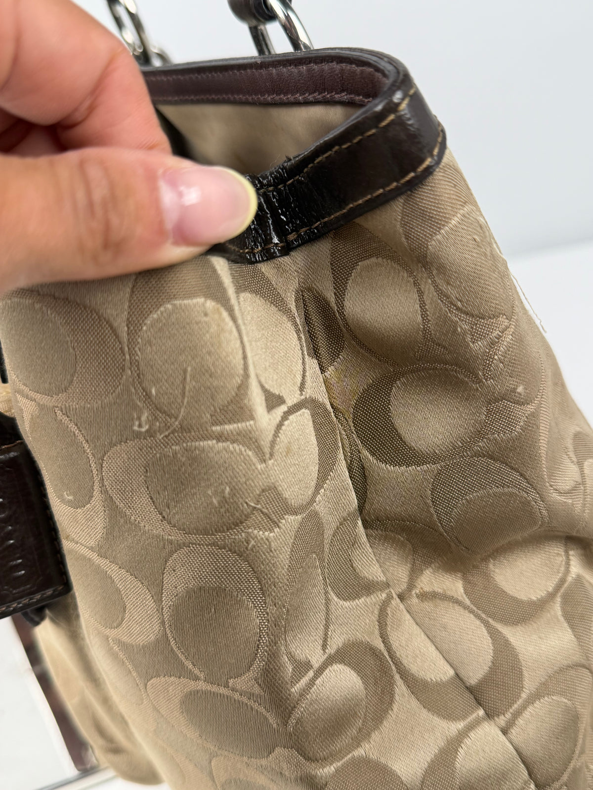 Coach F19043 Turnlock Signature Beige Monogram Shoulder Bag Brown Leather Trim