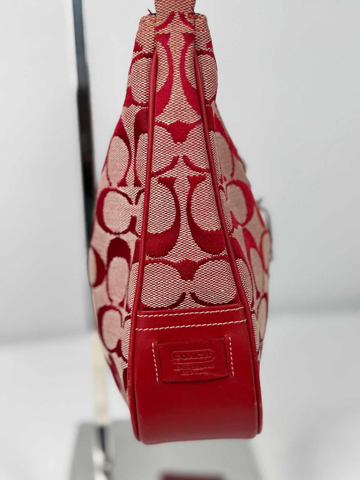 Coach 6091 Hampton Clip Red Signature Monogram Shoulder Bag Leather Trim