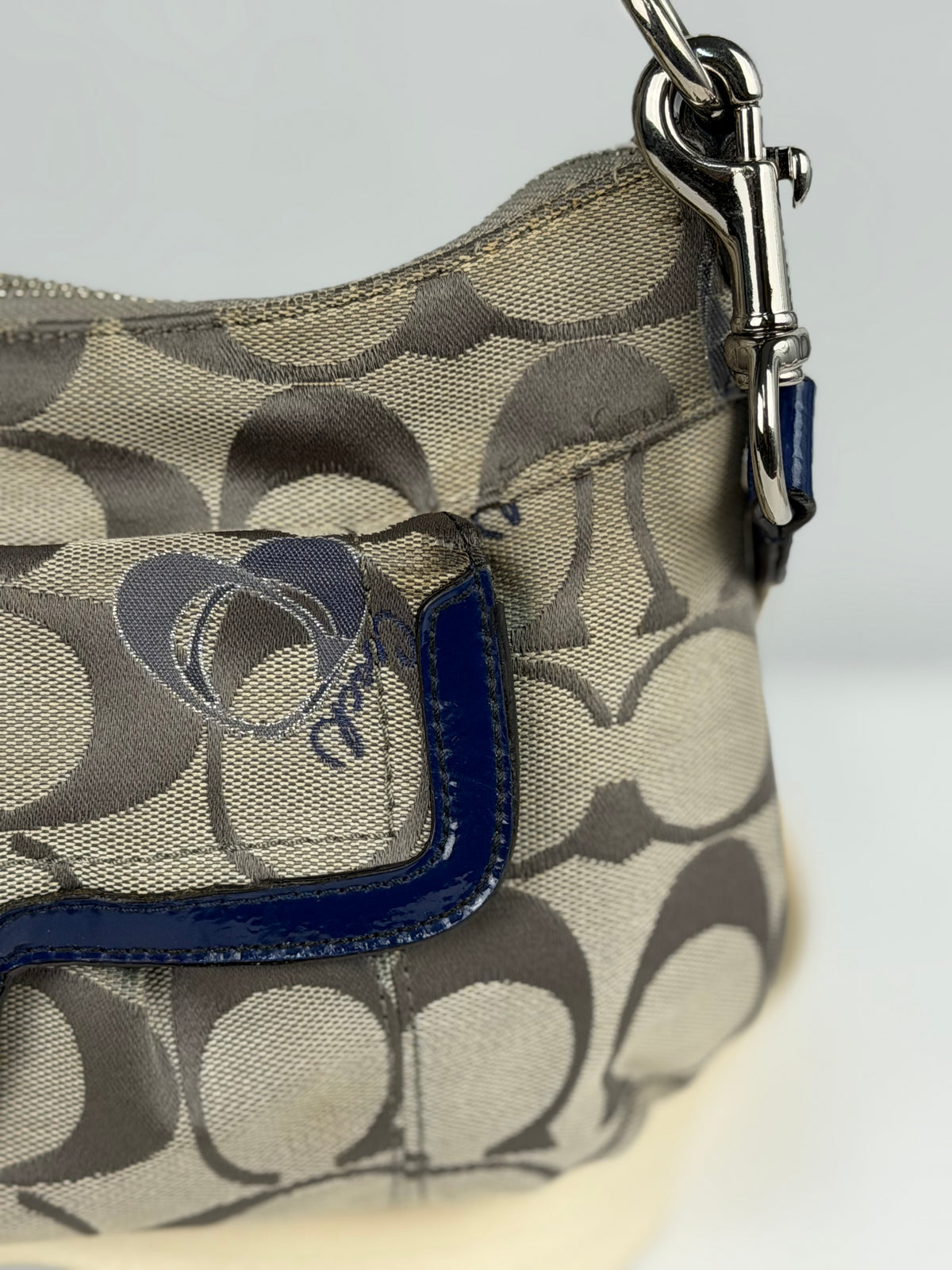Coach F18756 Poppy Beige Monogram Blue Leather Trim Shoulder Bag