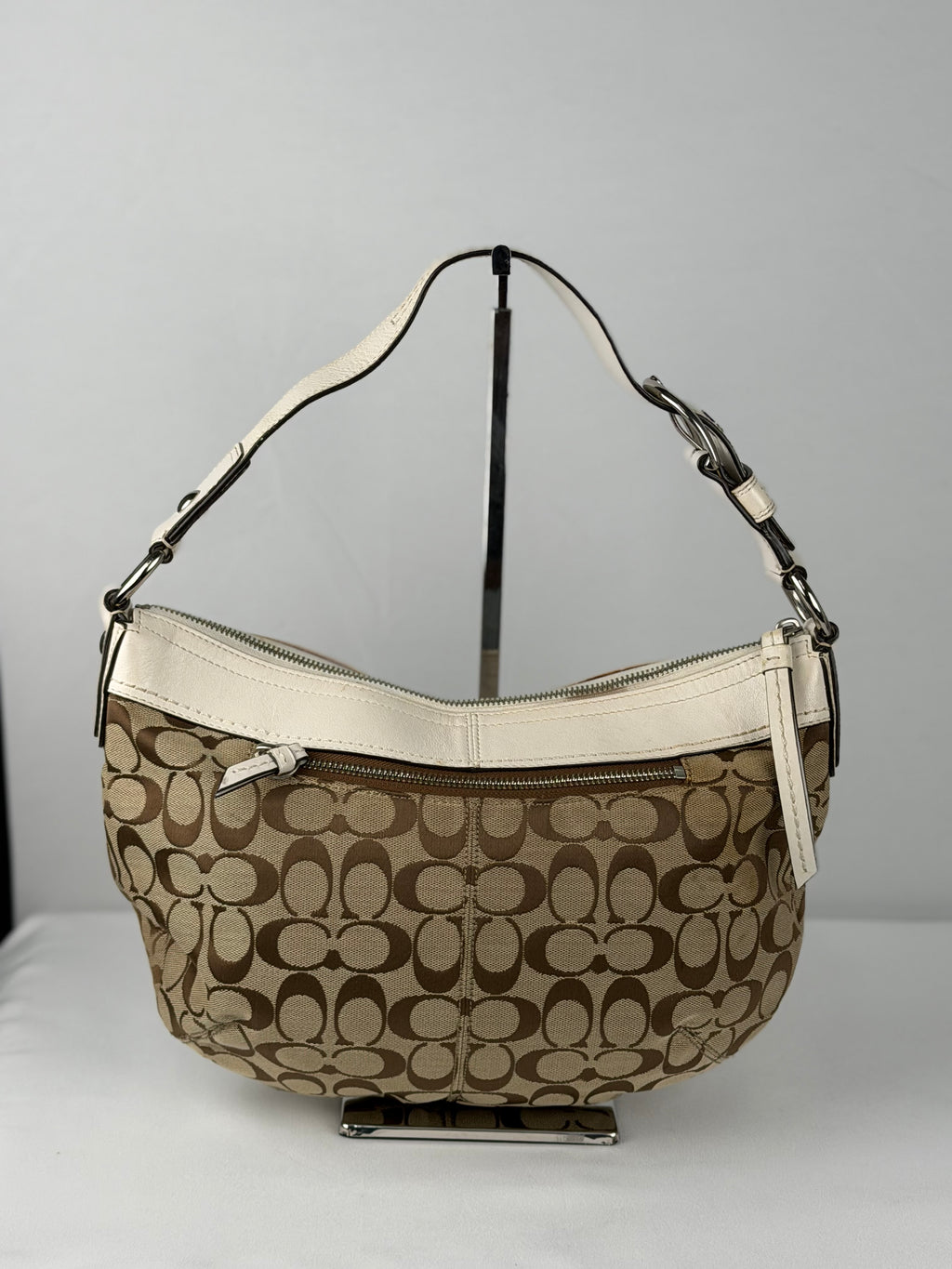Coach F13740 Signature Brown Monogram White Leather Trim Hobo Shoulder Bag
