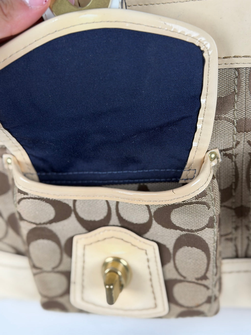 Coach Legacy F13131 Signature Brown Monogram Cream Patent Leather Satchel Shoulder Bag