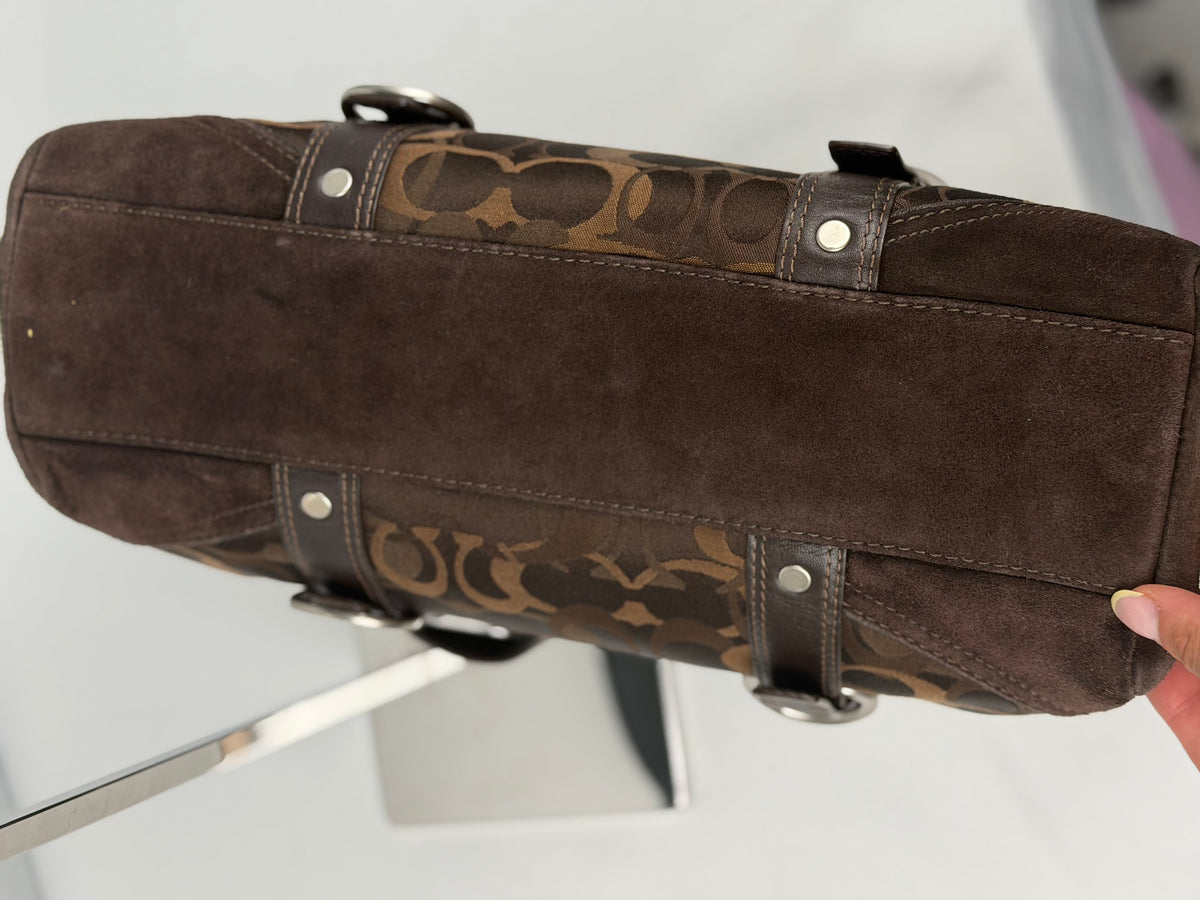 Coach 10145 Chelsea Turnlock Brown Op Art Shoulder Bag Suede Leather Trim