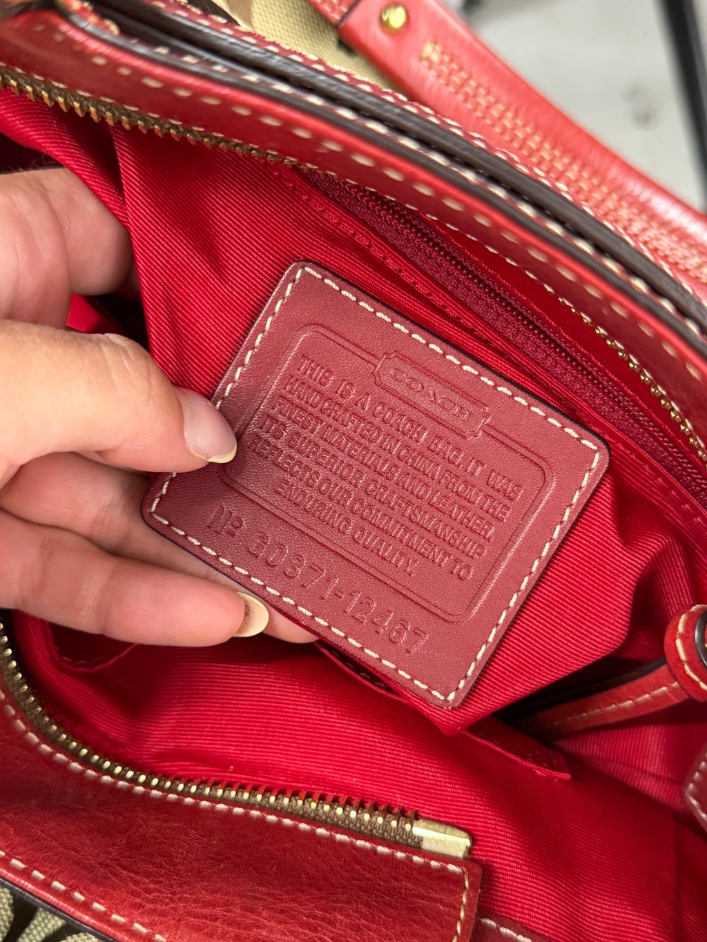Coach 12467 Signature Brown Monogram Shoulder Bag Red Leather Trim