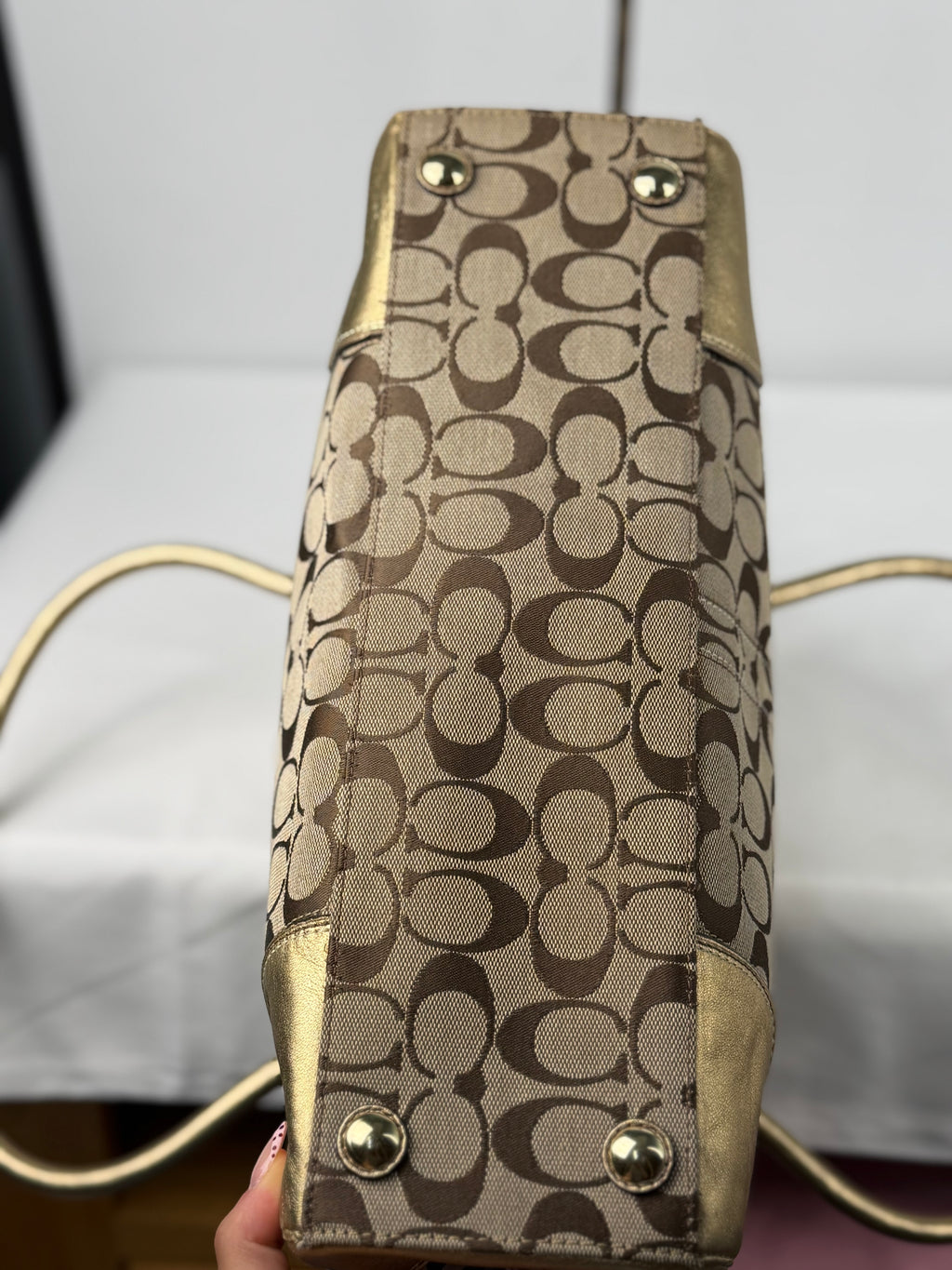 Coach 11063 Hampton Turnlock Signature Brown Monogram Shoulder&nbsp; Bag Gold Leather Trim