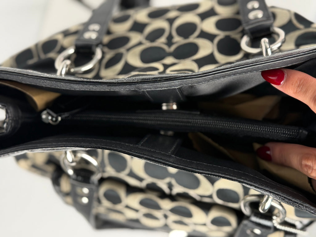 Coach F19262 Signature Black/Grey Monogram Turnlock Shoulder Bag Leather Trim