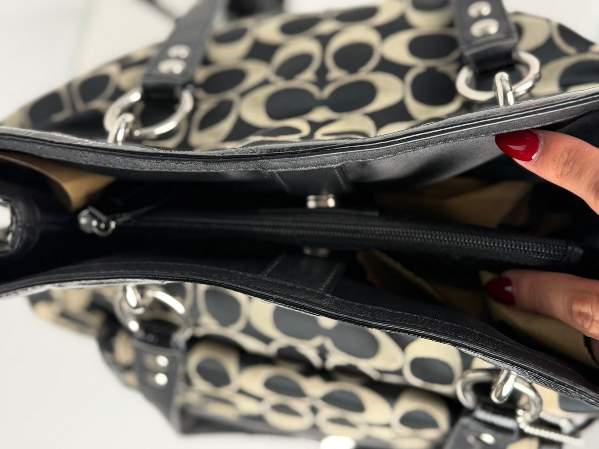Coach F19262 Signature Black/Grey Monogram Turnlock Shoulder Bag Leather Trim