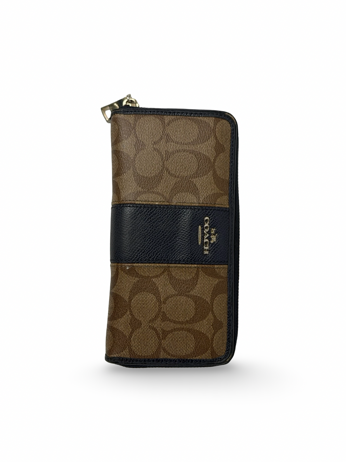 Coach F52589 Signature Brown Monogram Navy Trim Purse