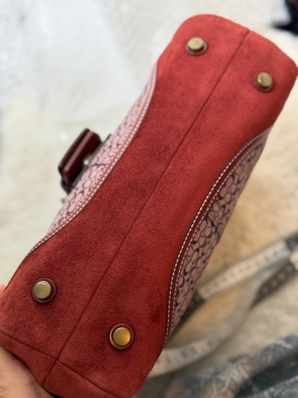 Coach 7078 Rare Soho Red Signature Monogram Hand Bag Leather Trim