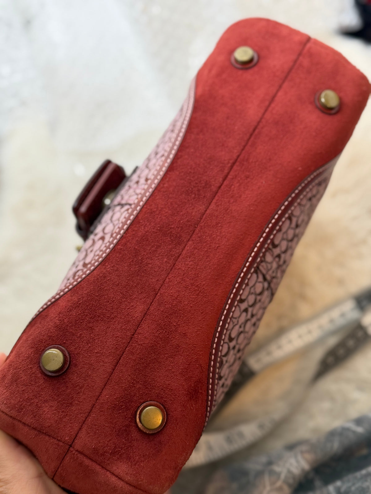 Coach 7078 Rare Soho Red Signature Monogram Hand Bag Leather Trim