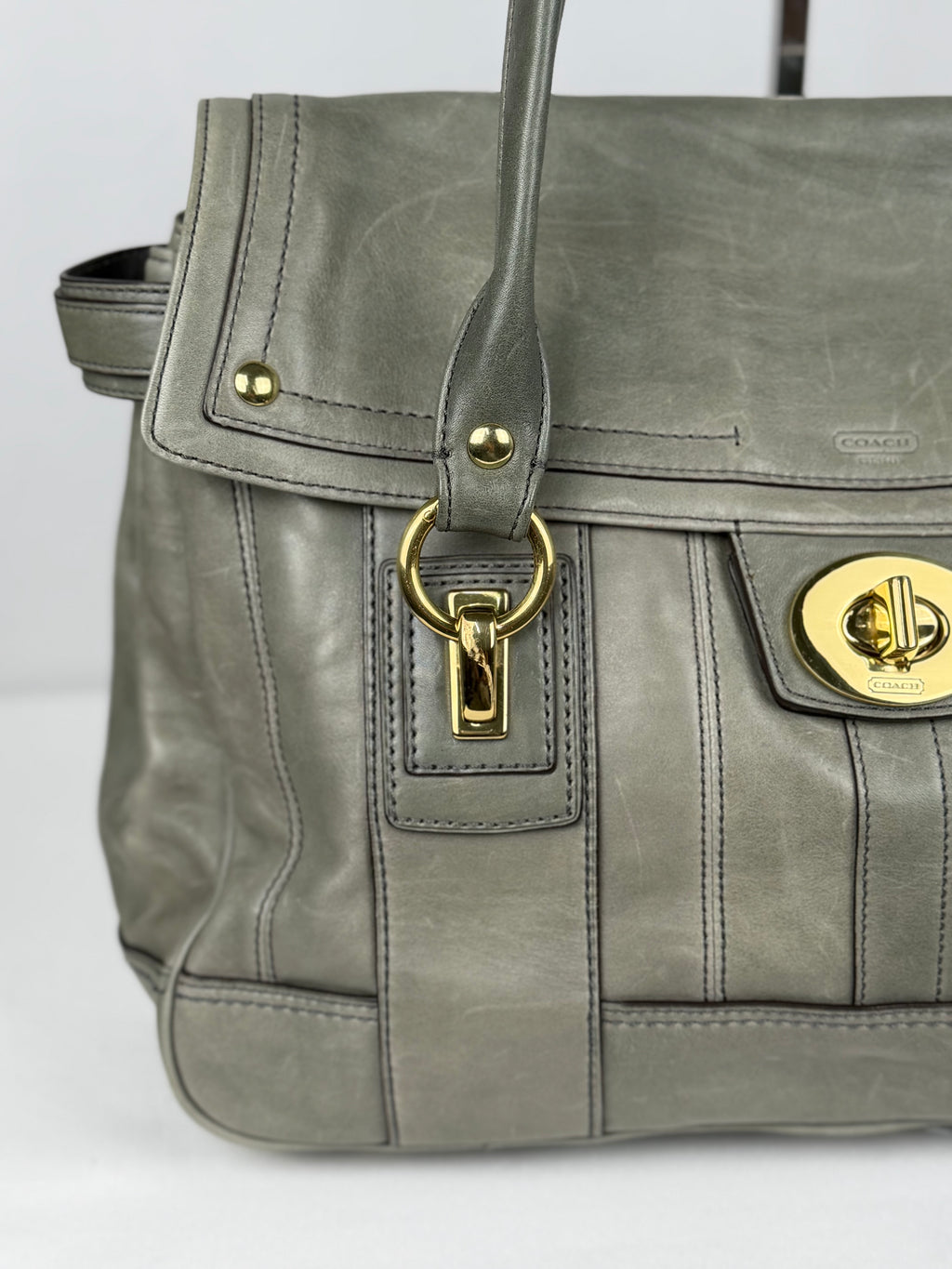 Coach 12442 Rare Hampton Lindsay Turnlock Green/Grey Leather Flap Satchel Shoulder Bag