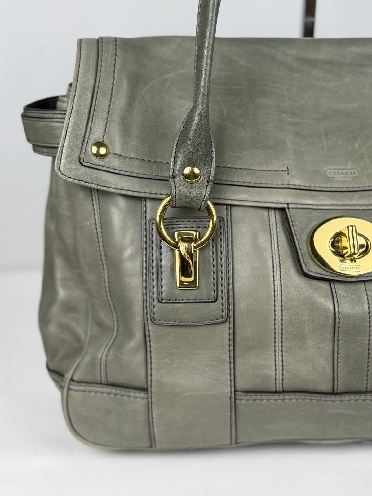 Coach 12442 Rare Hampton Lindsay Turnlock Green/Grey Leather Flap Satchel Shoulder Bag