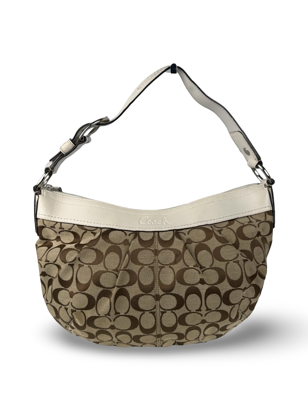 Coach F13740 Signature Brown Monogram White Leather Trim Hobo Shoulder Bag