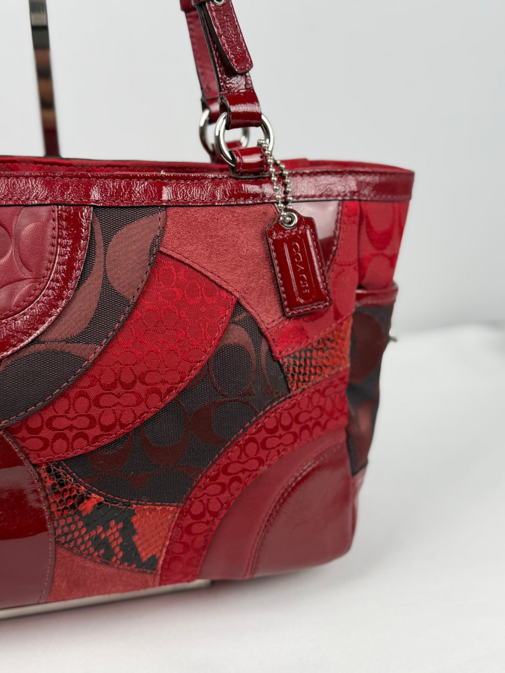Coach F14004 Rare Red Patchwork Suede/Leather/Canvas Gallery Tote Shoulder Bag
