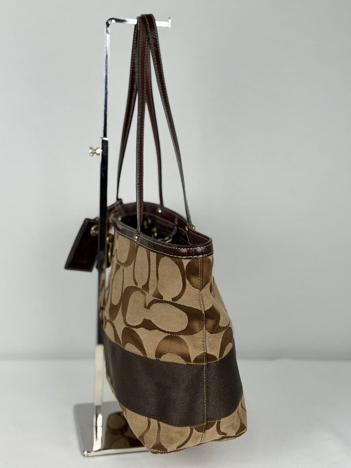 Coach 10124 Signature Brown Monogram Tote Bag Leather Trim
