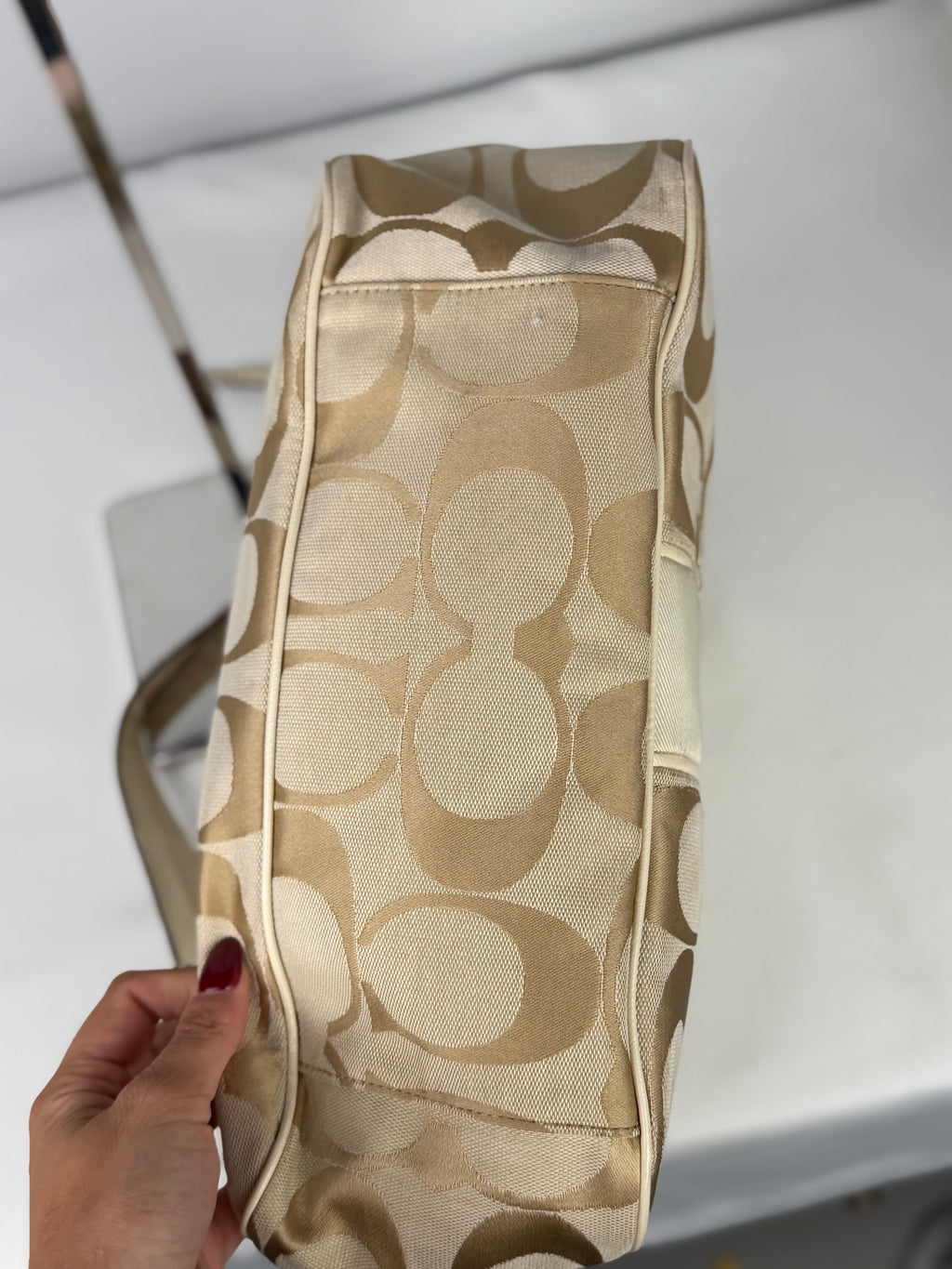 Coach F21873 Signature Beige Monogram Shoulder Bag Cream Leather Trim