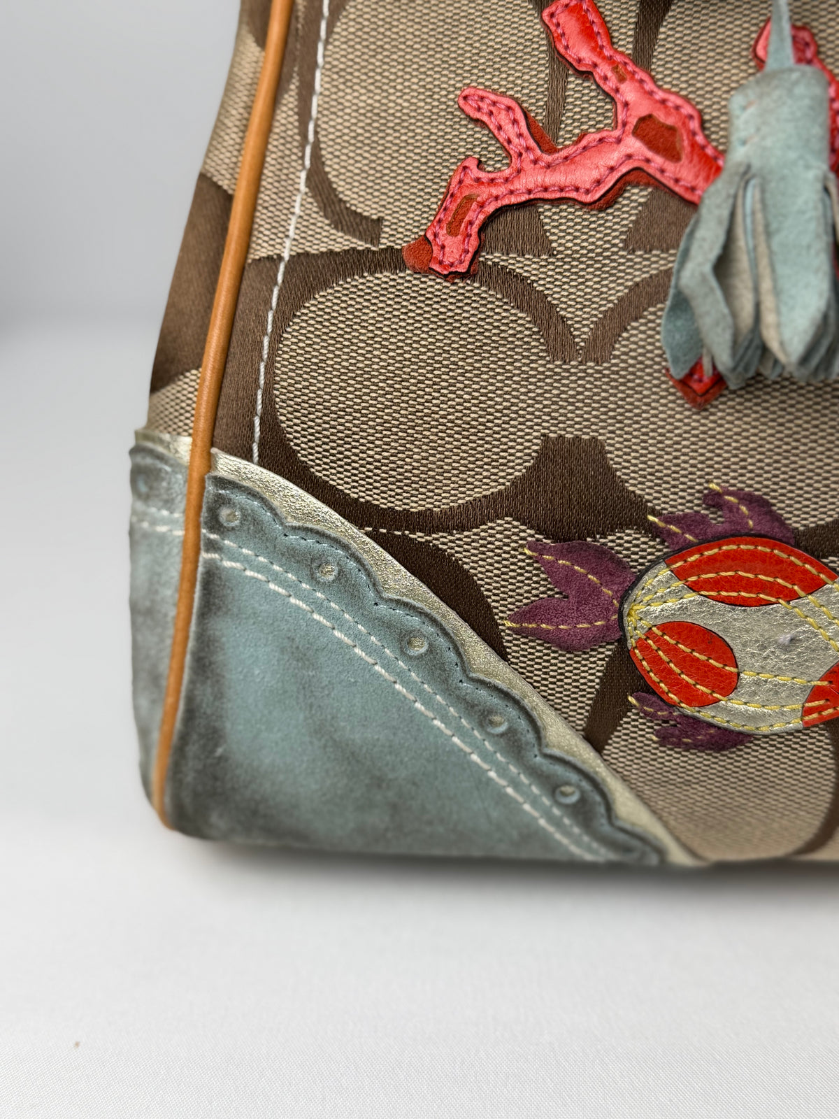 Coach 1490 Rare Limited Edition Hampton Clip Tropical Fish Signature Brown Monogram Shoulder Bag Suede Leather Trim