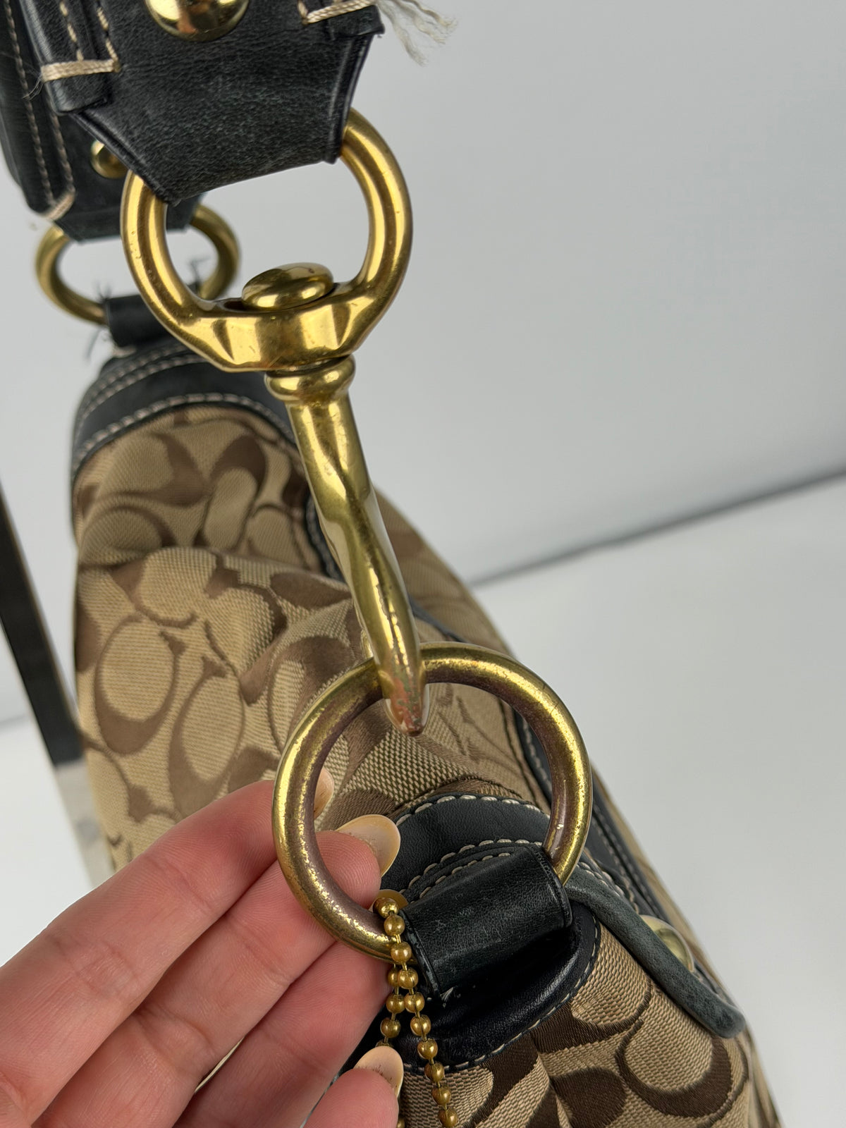 Coach 10338 Ali Legacy Turnlock Flap Signature Brown Monogram Shoulder Bag Black Leather Trim