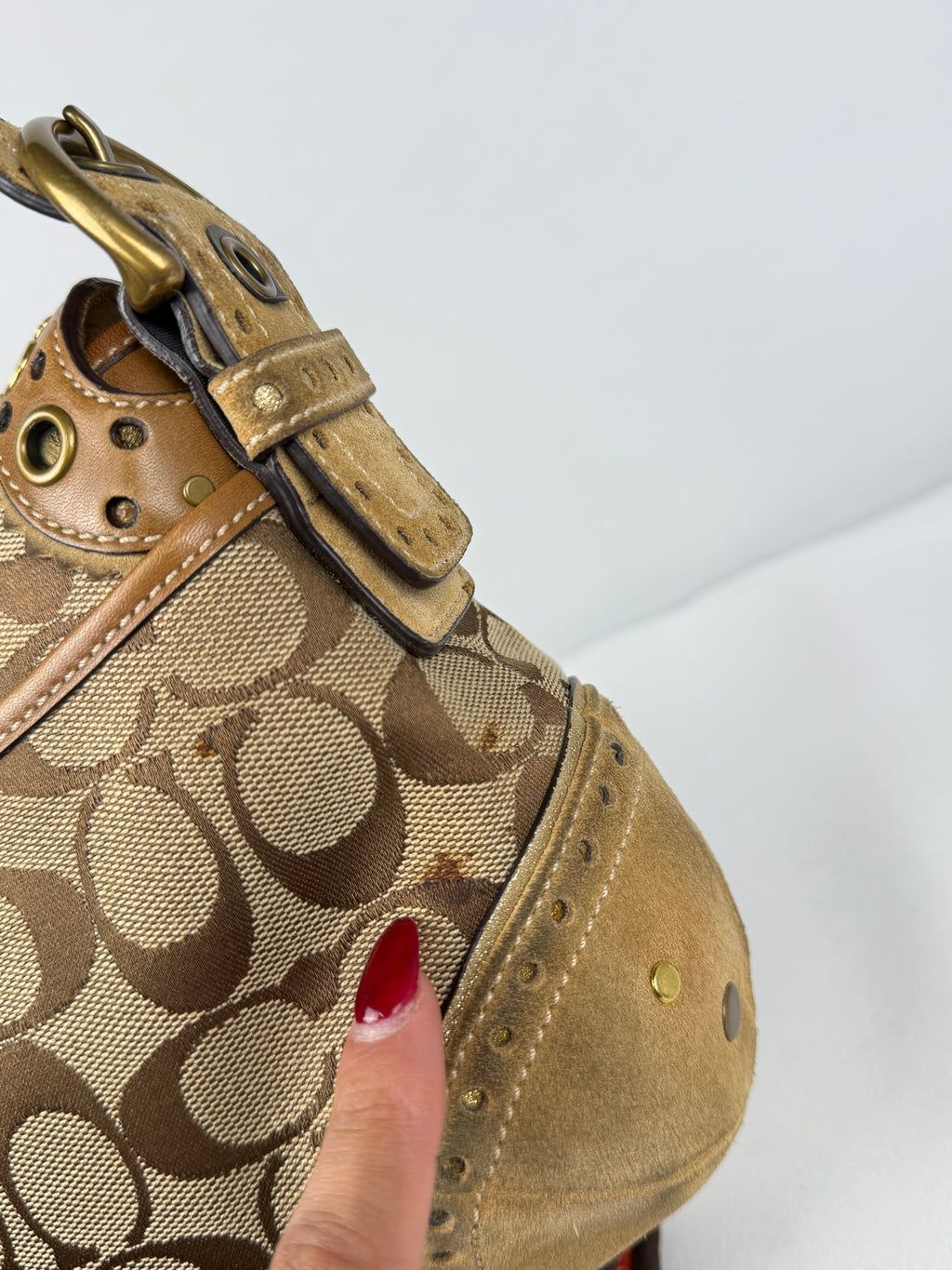 RARE Coach 9451 Soho Signature Brown Shoulder Bag Studded Embellishments Suede Leather Trim