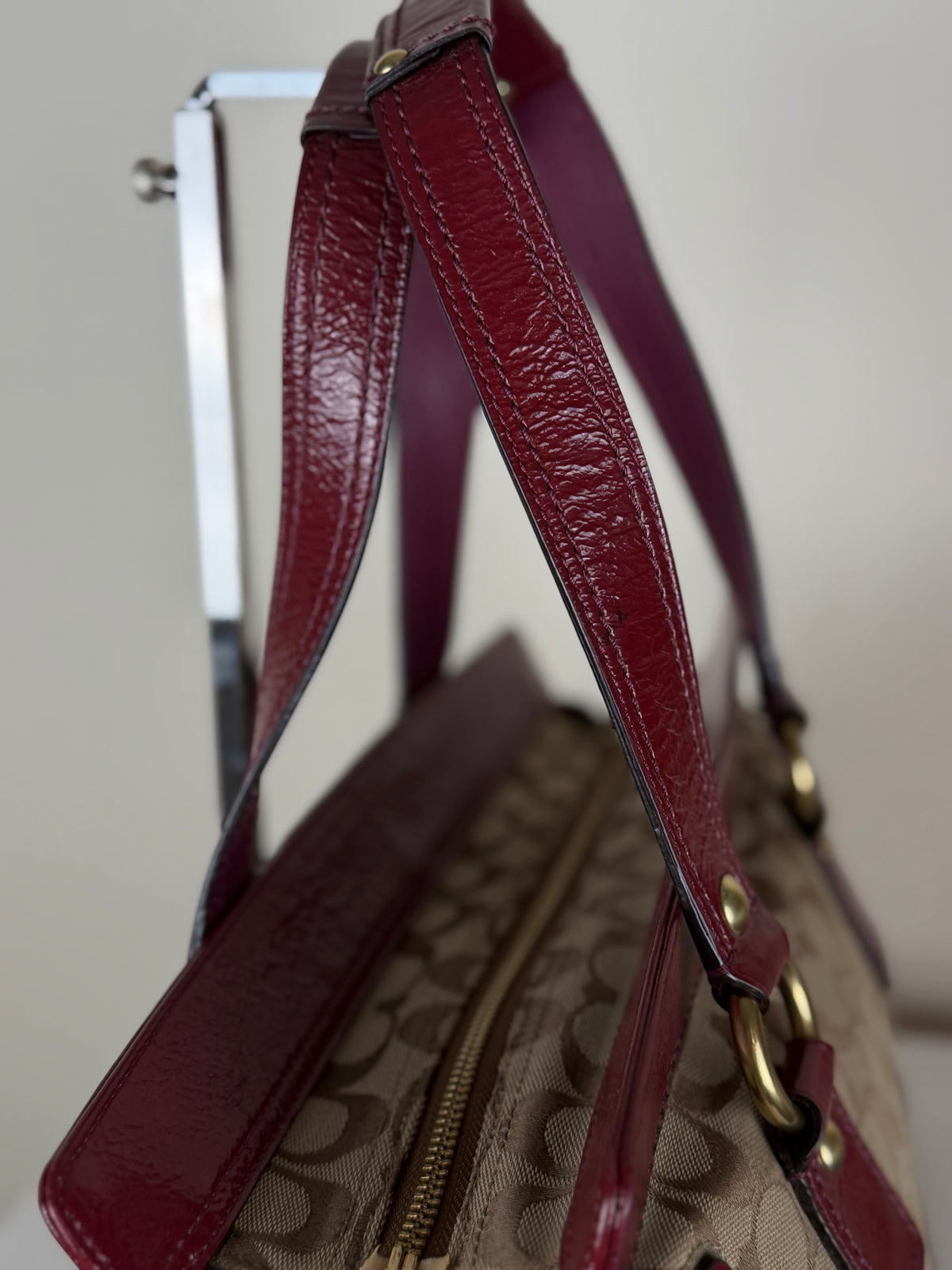 Coach F13131 Legacy Rare Turnlock Double Pocket Signature Brown Monogram Shoulder Bag Red Patent Leather Trim