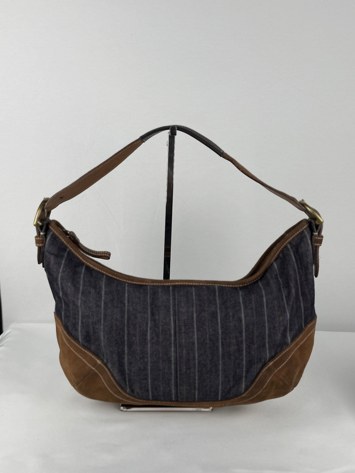 Coach 9527 Hobo Denim Pinistripe Shoulder Bag Brown Suede Leather Trim